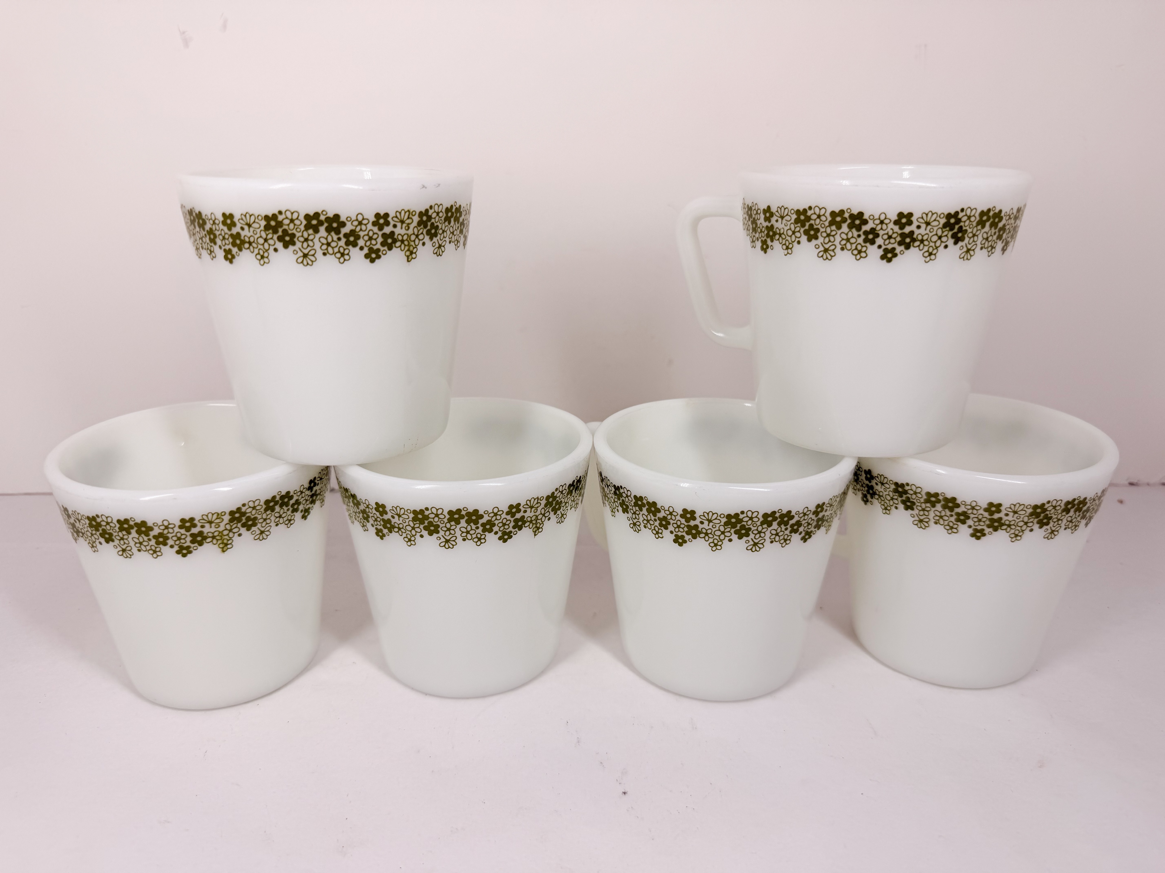 PYREX SPRING BLOSSOM GREEN MILK GLASS MUGS