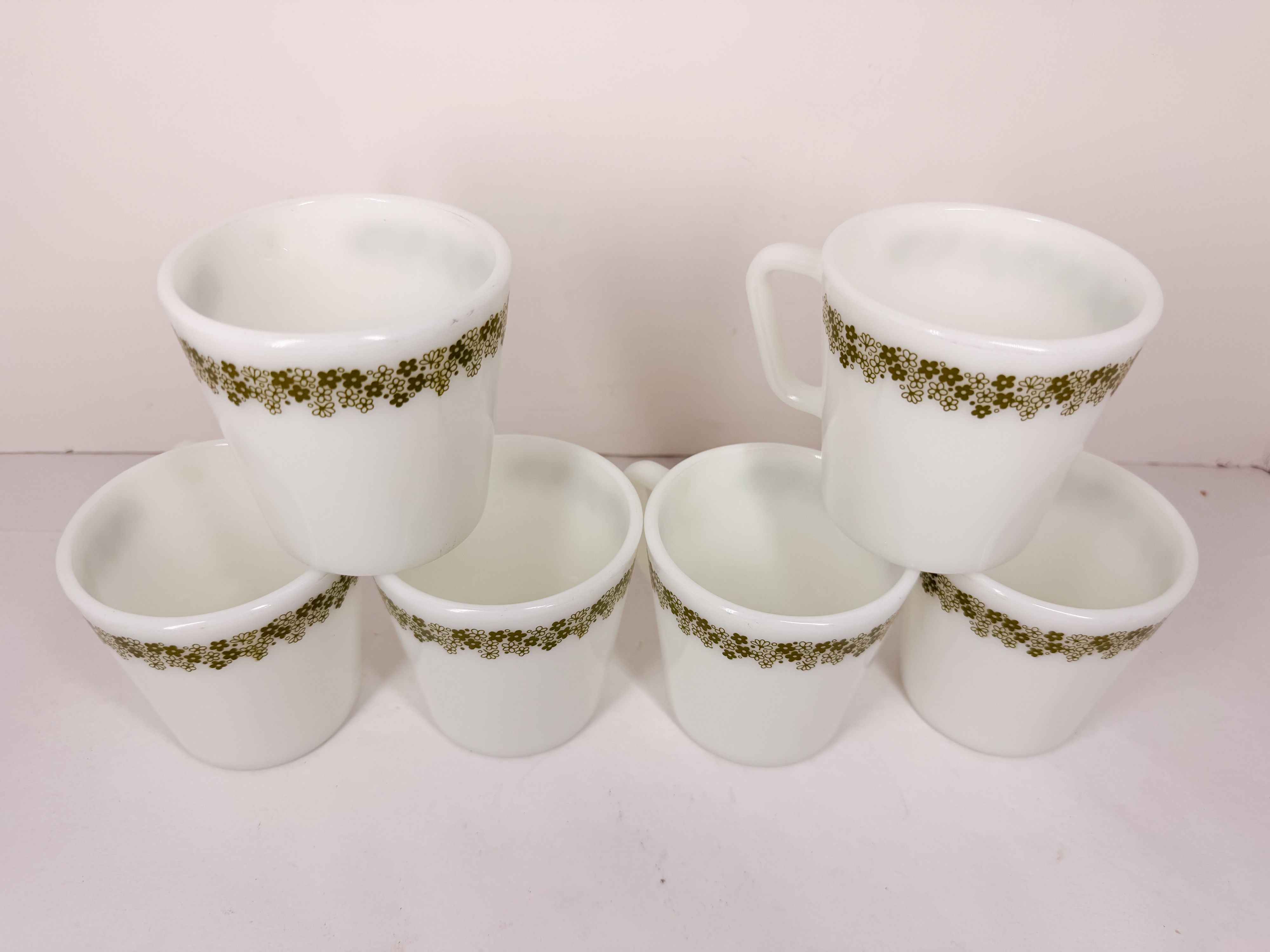 PYREX SPRING BLOSSOM GREEN MILK GLASS MUGS