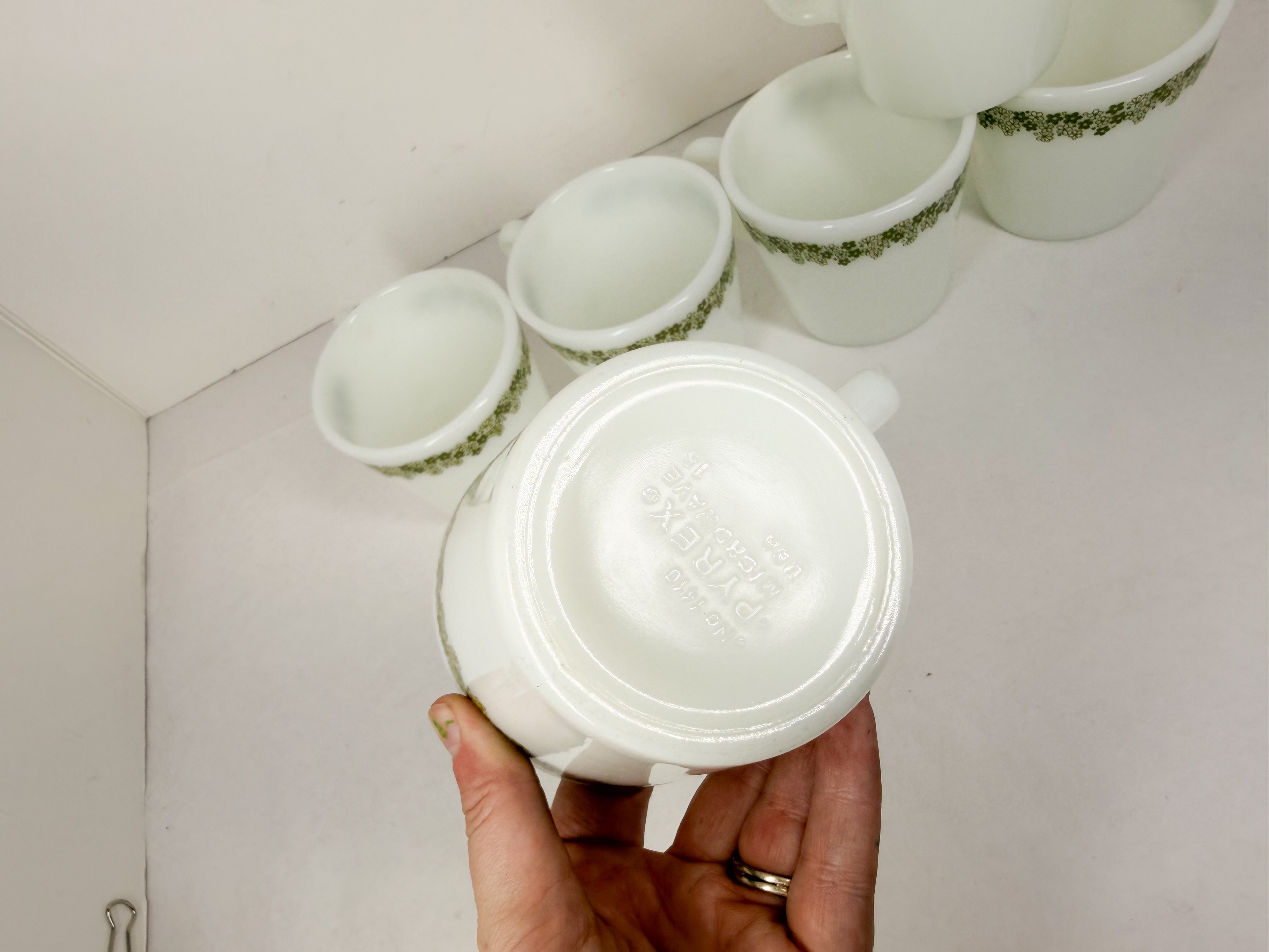 PYREX SPRING BLOSSOM GREEN MILK GLASS MUGS