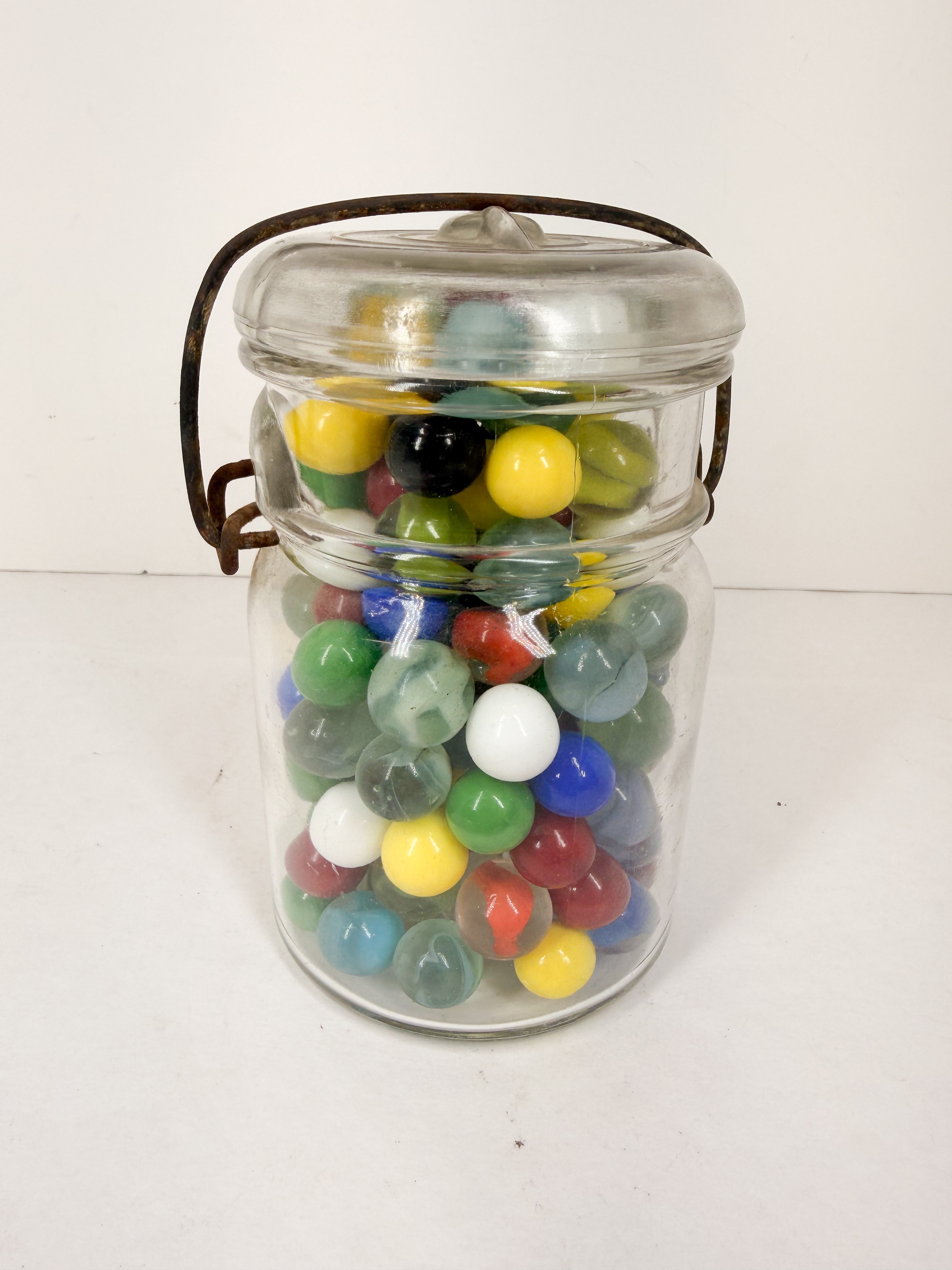 BALL GLASS JAR AND ASSORTED MARBLES