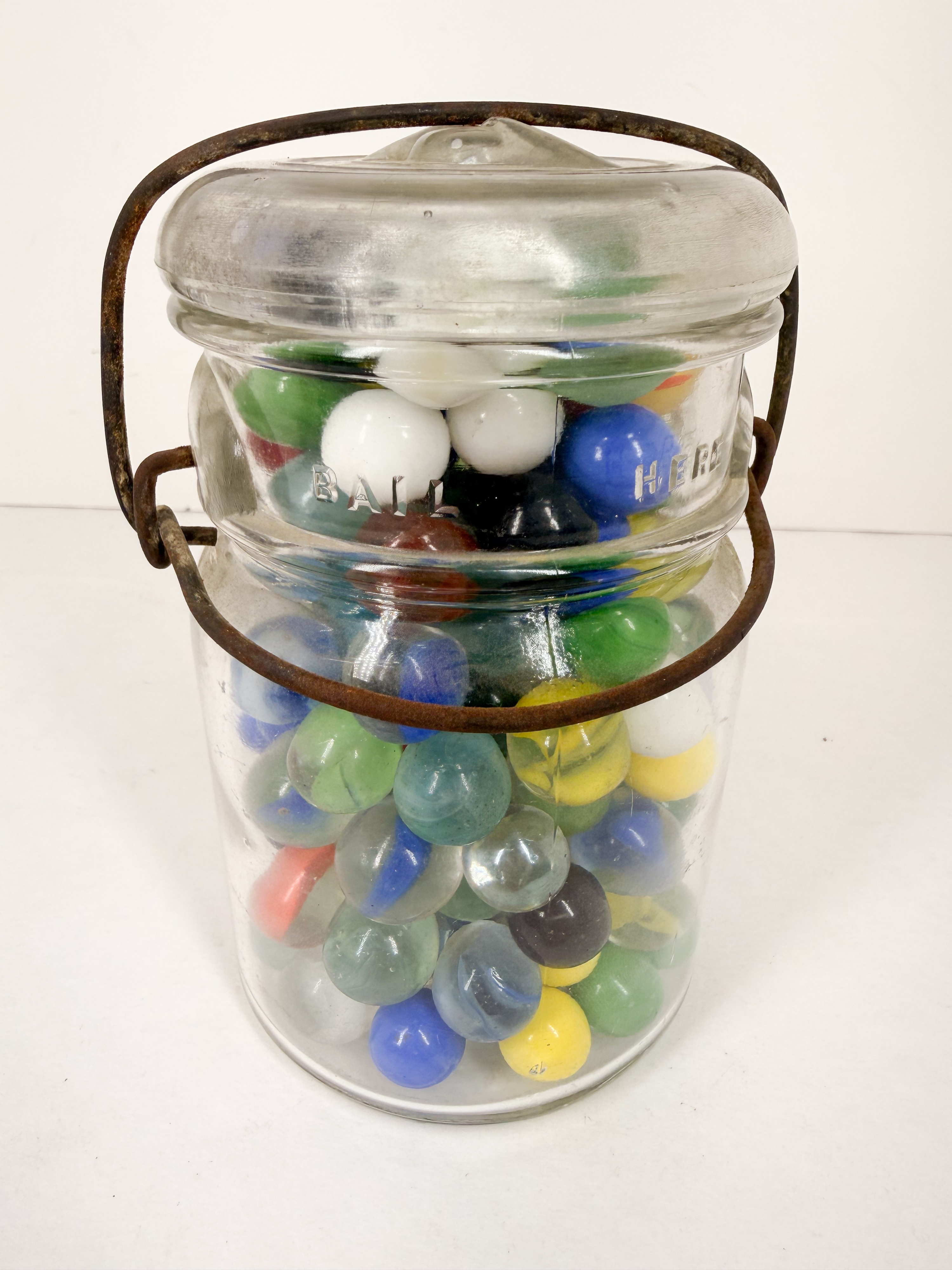BALL GLASS JAR AND ASSORTED MARBLES