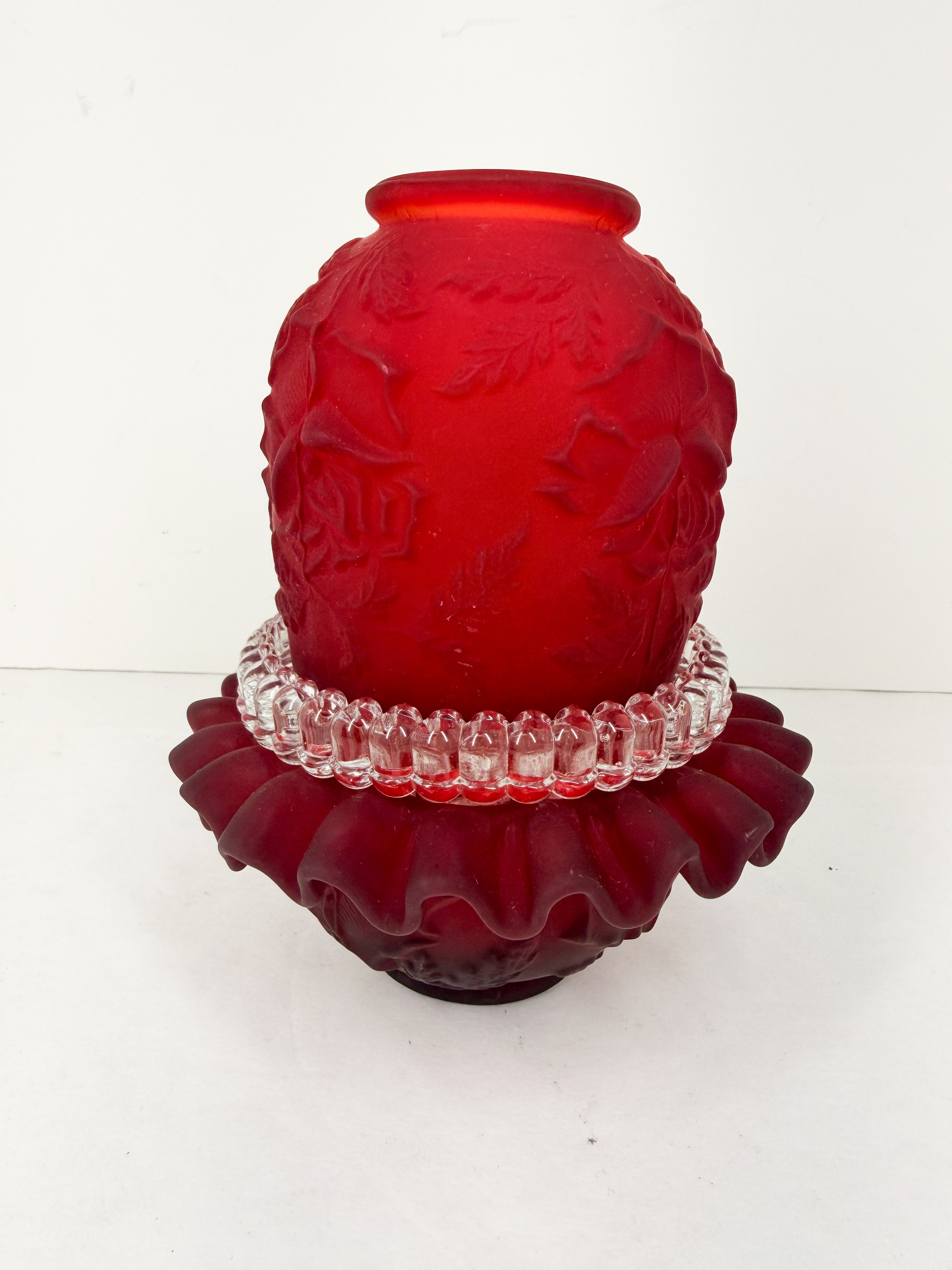 FOUR PIECE CASED RUBY SATIN GLASS FAIRY LAMP