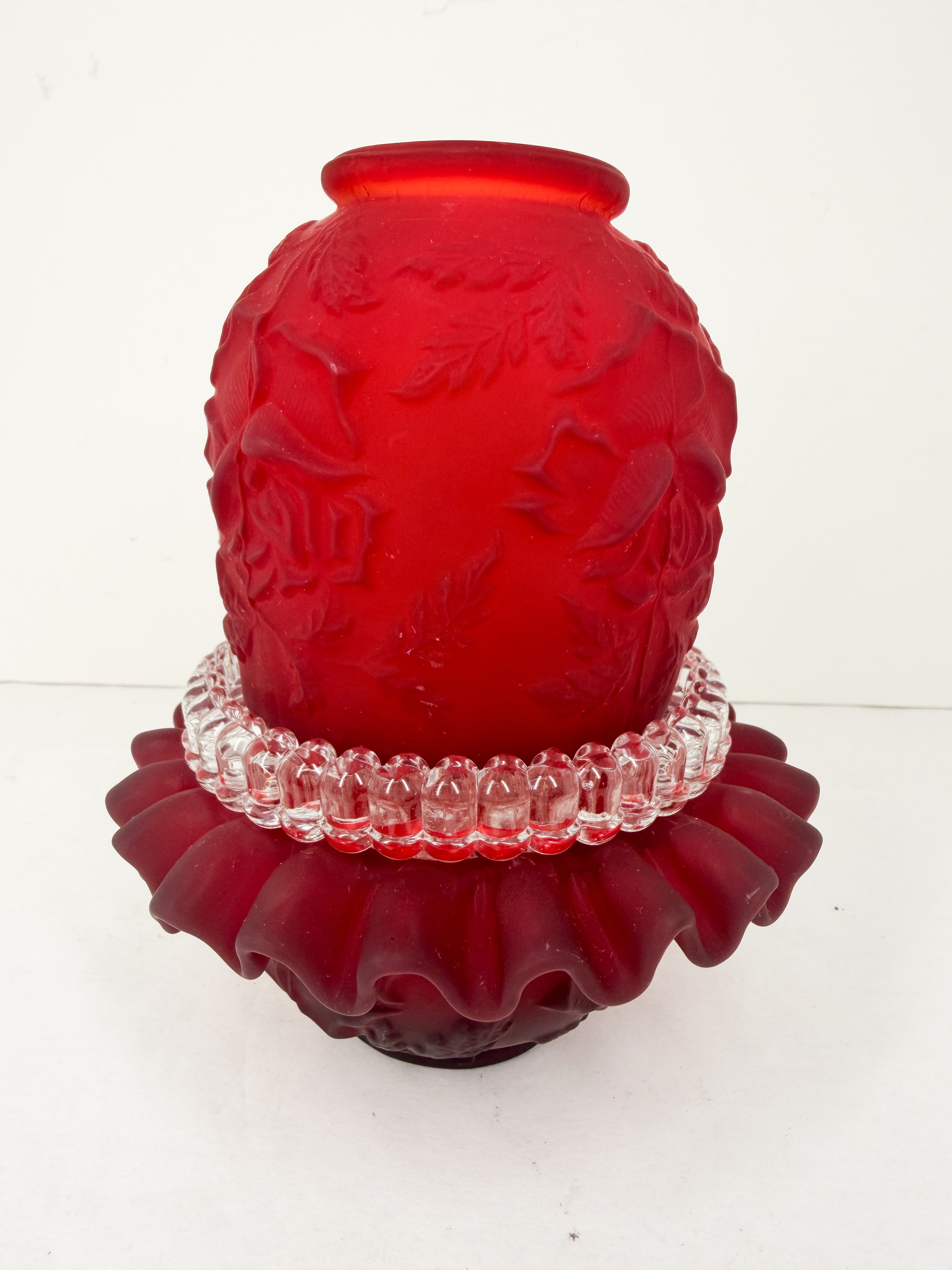 FOUR PIECE CASED RUBY SATIN GLASS FAIRY LAMP
