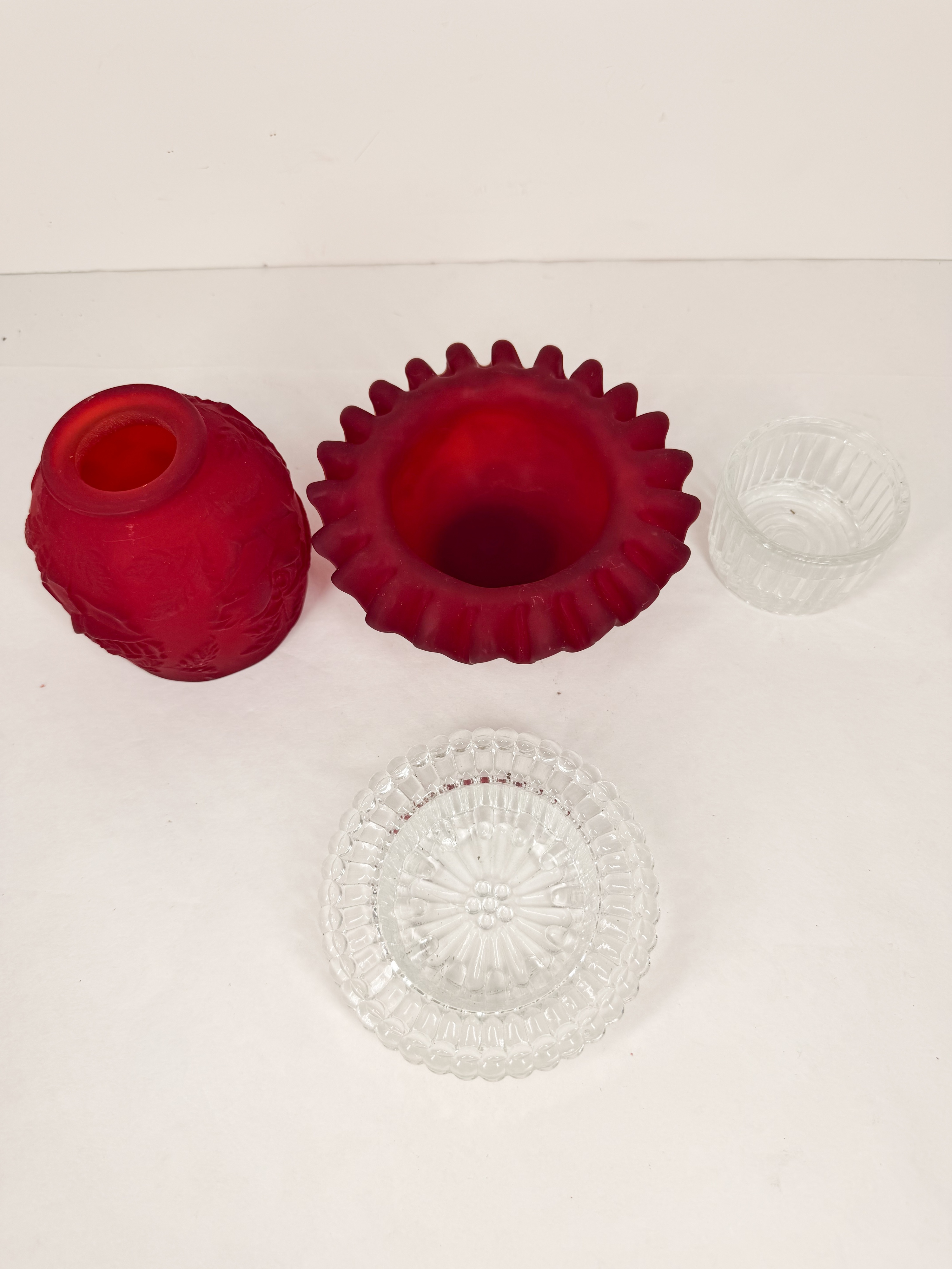 FOUR PIECE CASED RUBY SATIN GLASS FAIRY LAMP