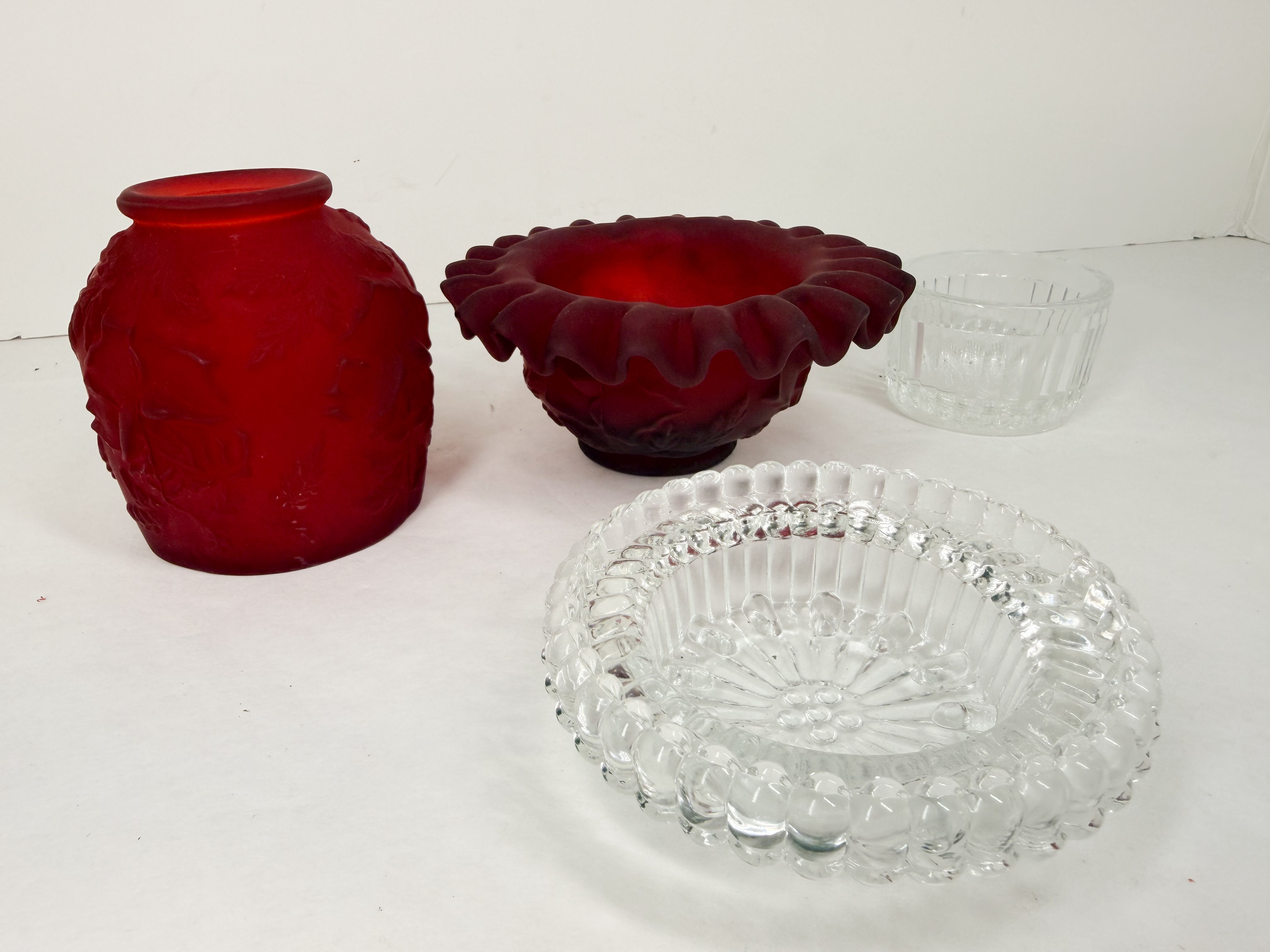 FOUR PIECE CASED RUBY SATIN GLASS FAIRY LAMP
