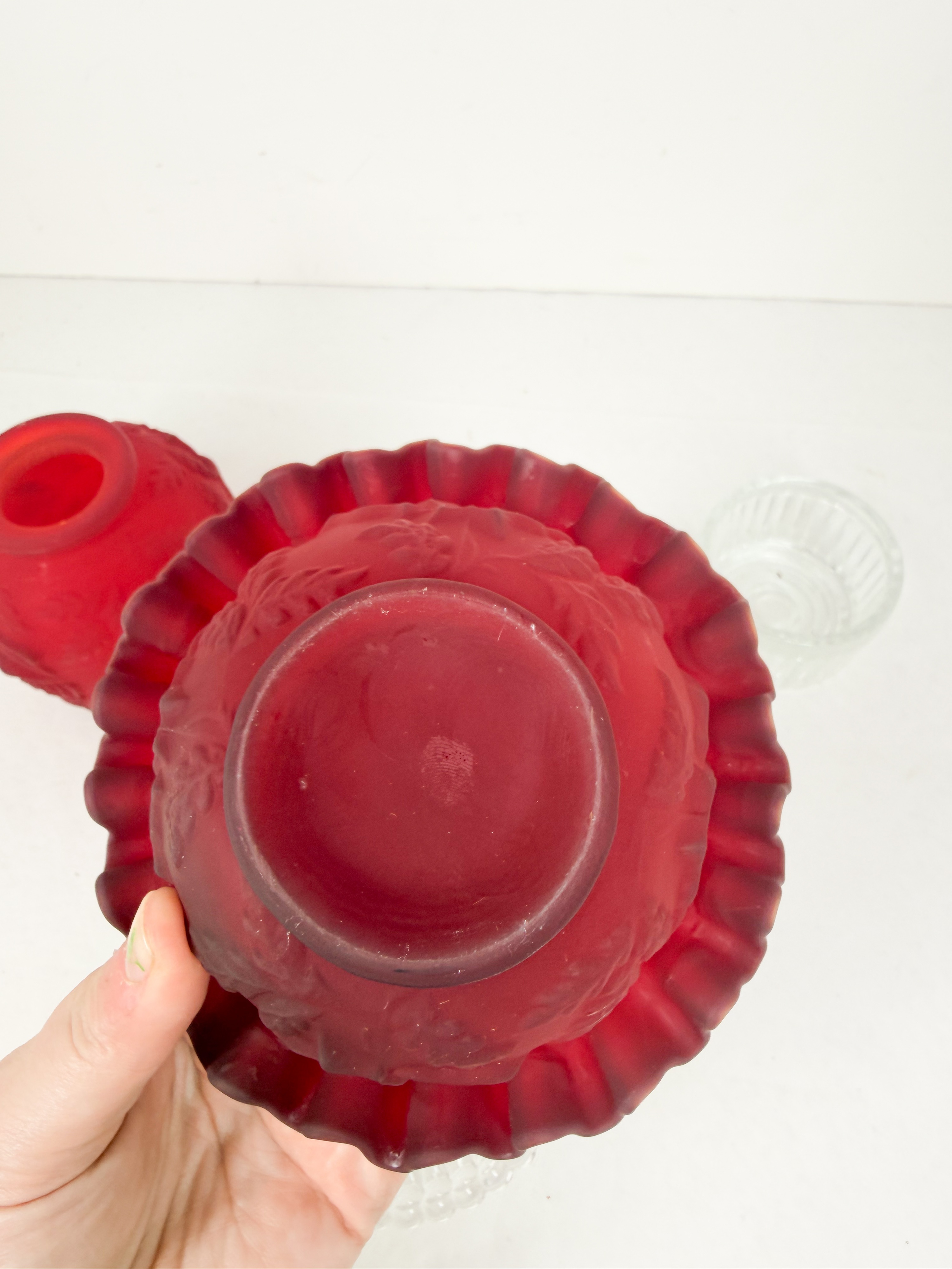 FOUR PIECE CASED RUBY SATIN GLASS FAIRY LAMP