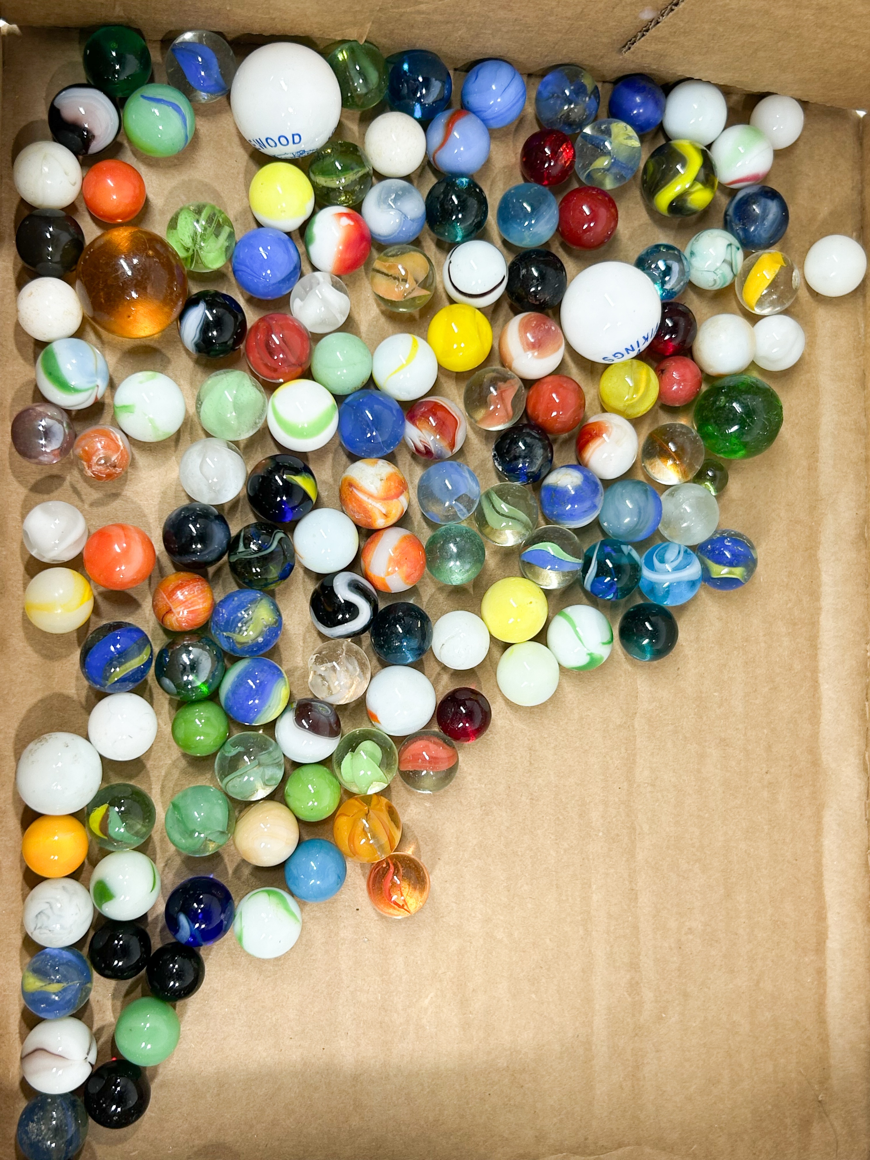ASSORTED GLASS MARBLES IN MASON JAR