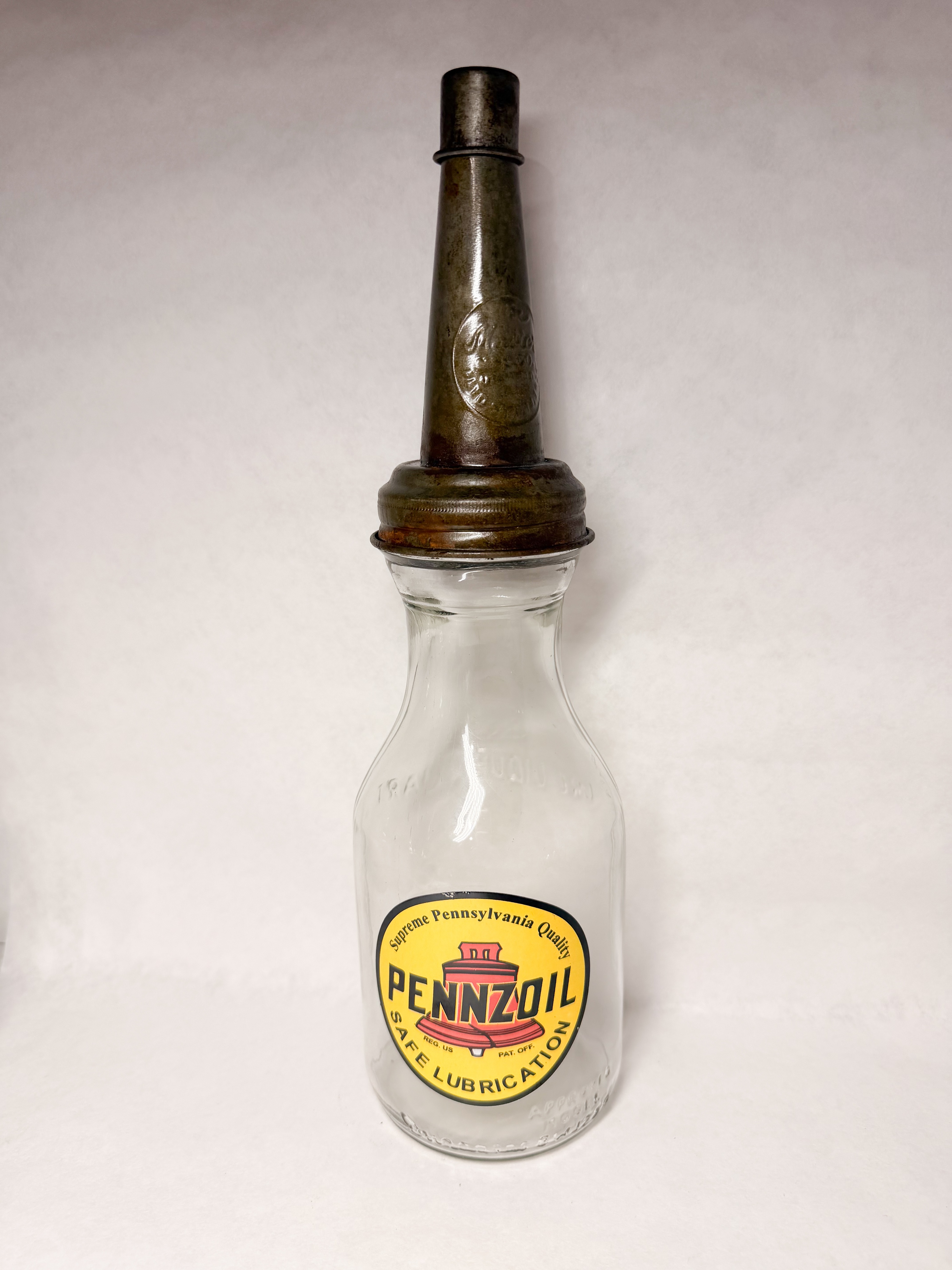 HUFFMAN PENNZOIL GLASS ONE QUART OIL BOTTLE