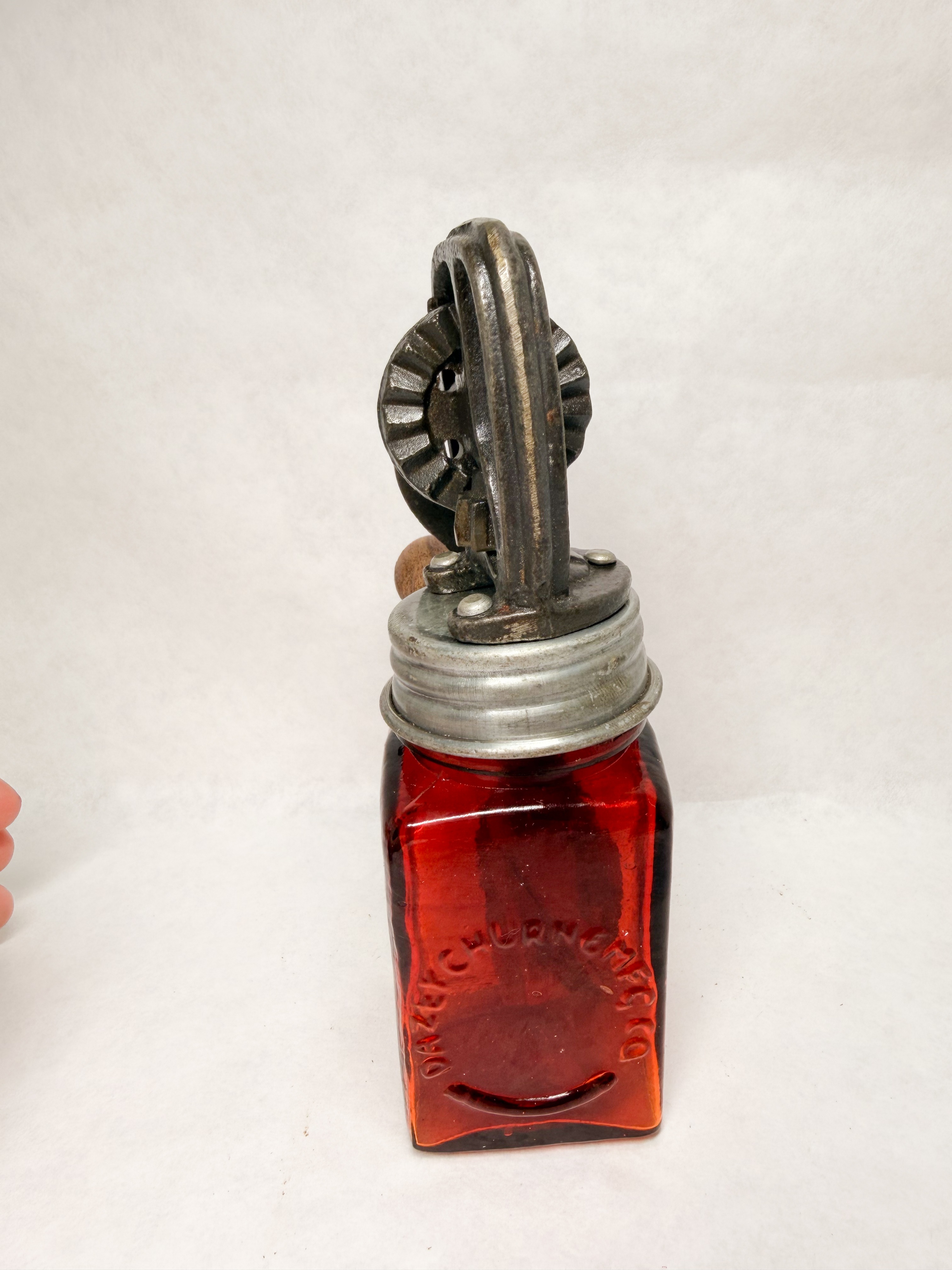 DAZEY CHURN & MFG CO RED GLASS BUTTER CHURN