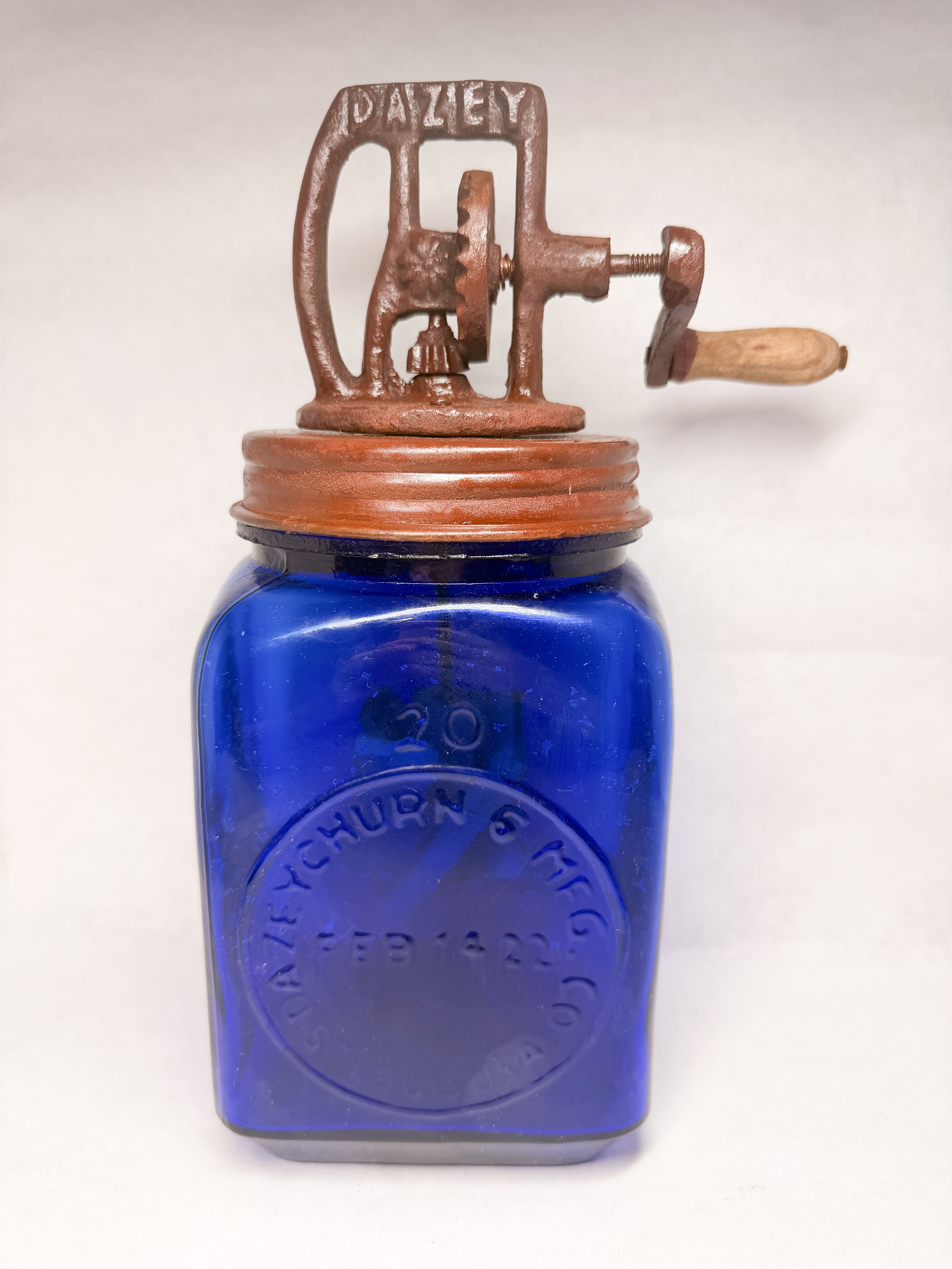 DAZEY COBALT GLASS CHURN, 1922