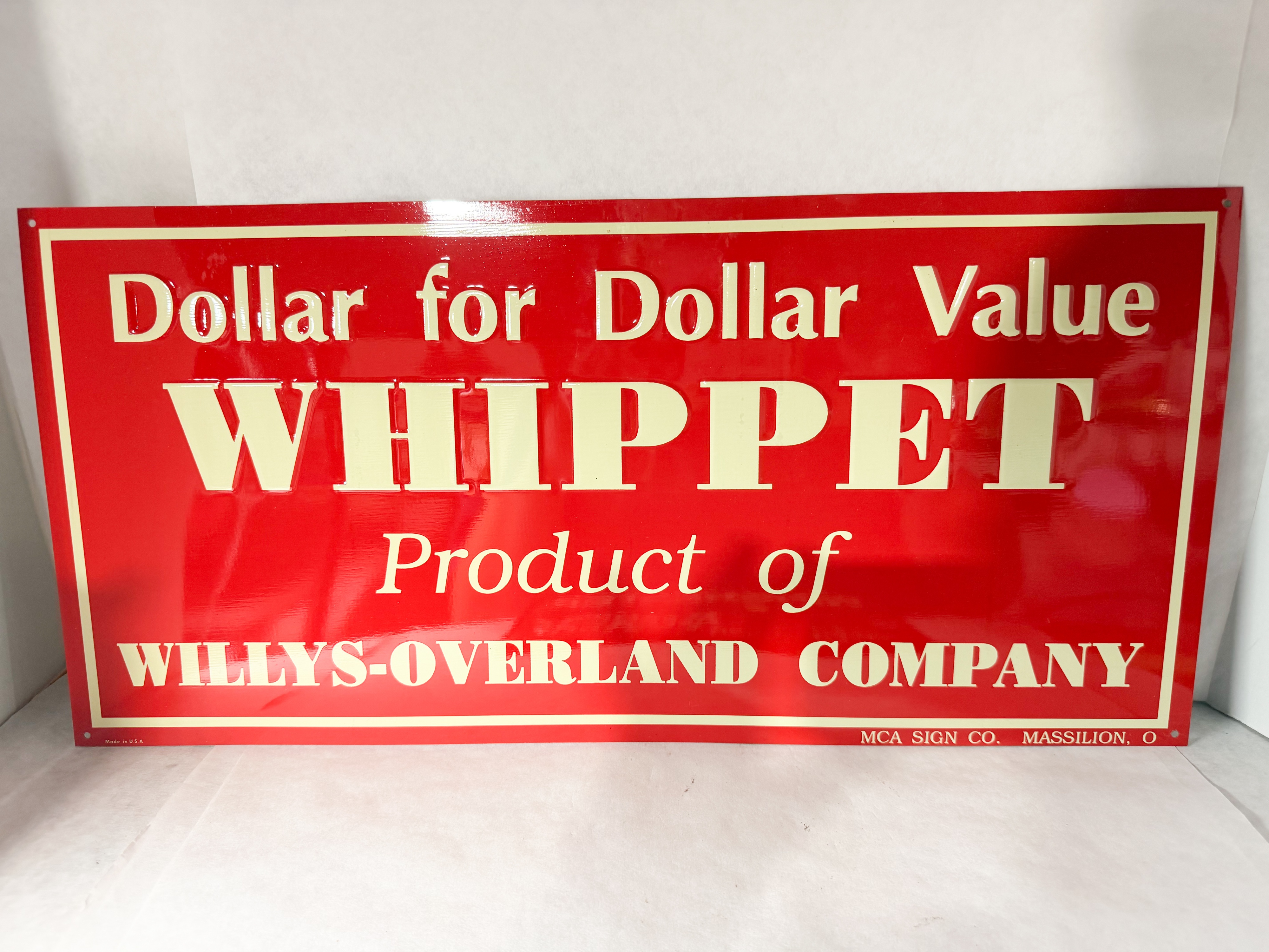 MCA SIGN CO. WHIPPET EMBOSSED TIN SIGN