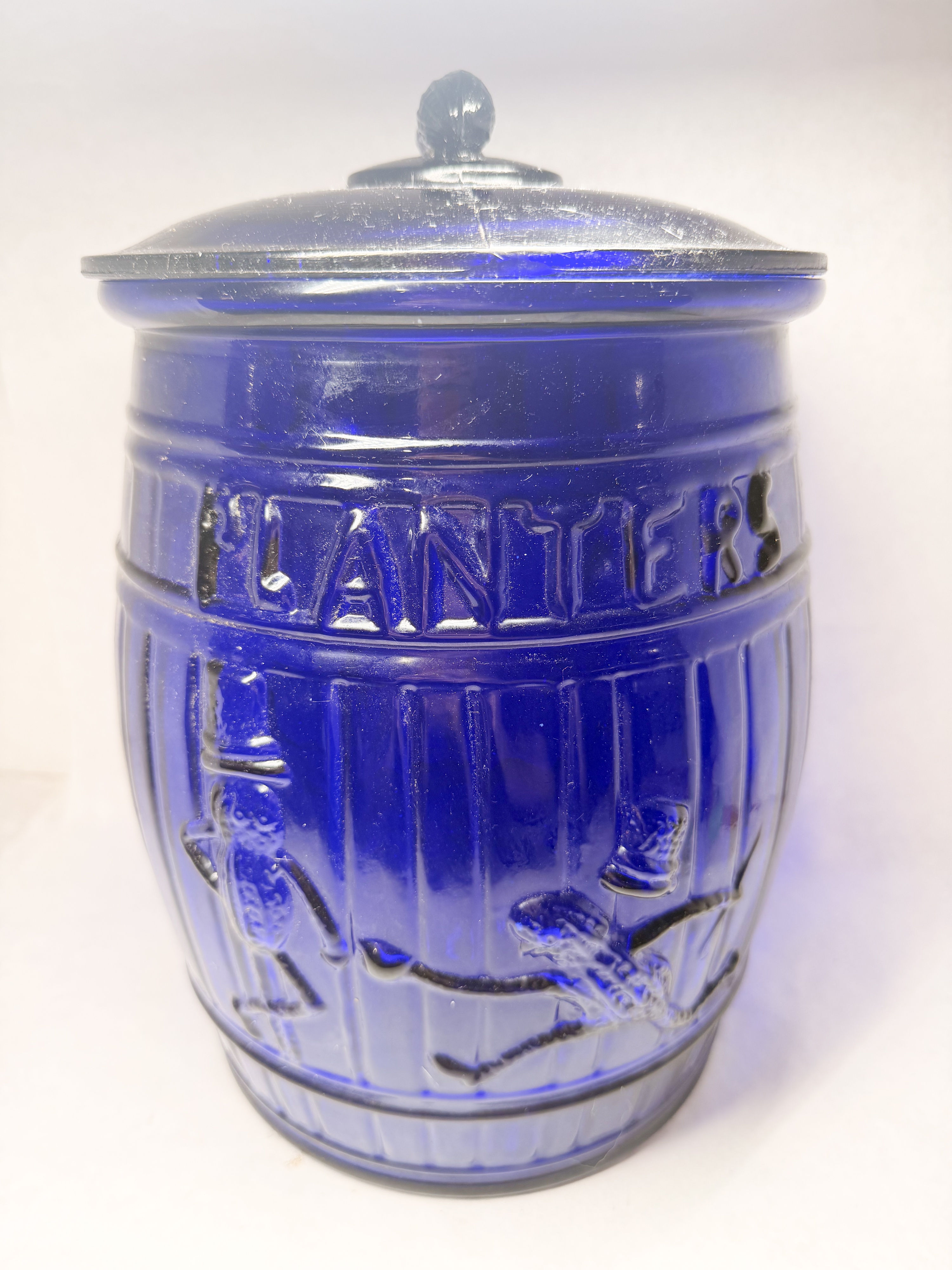 PLANTERS COBALT BLUE GLASS BARREL JAR
