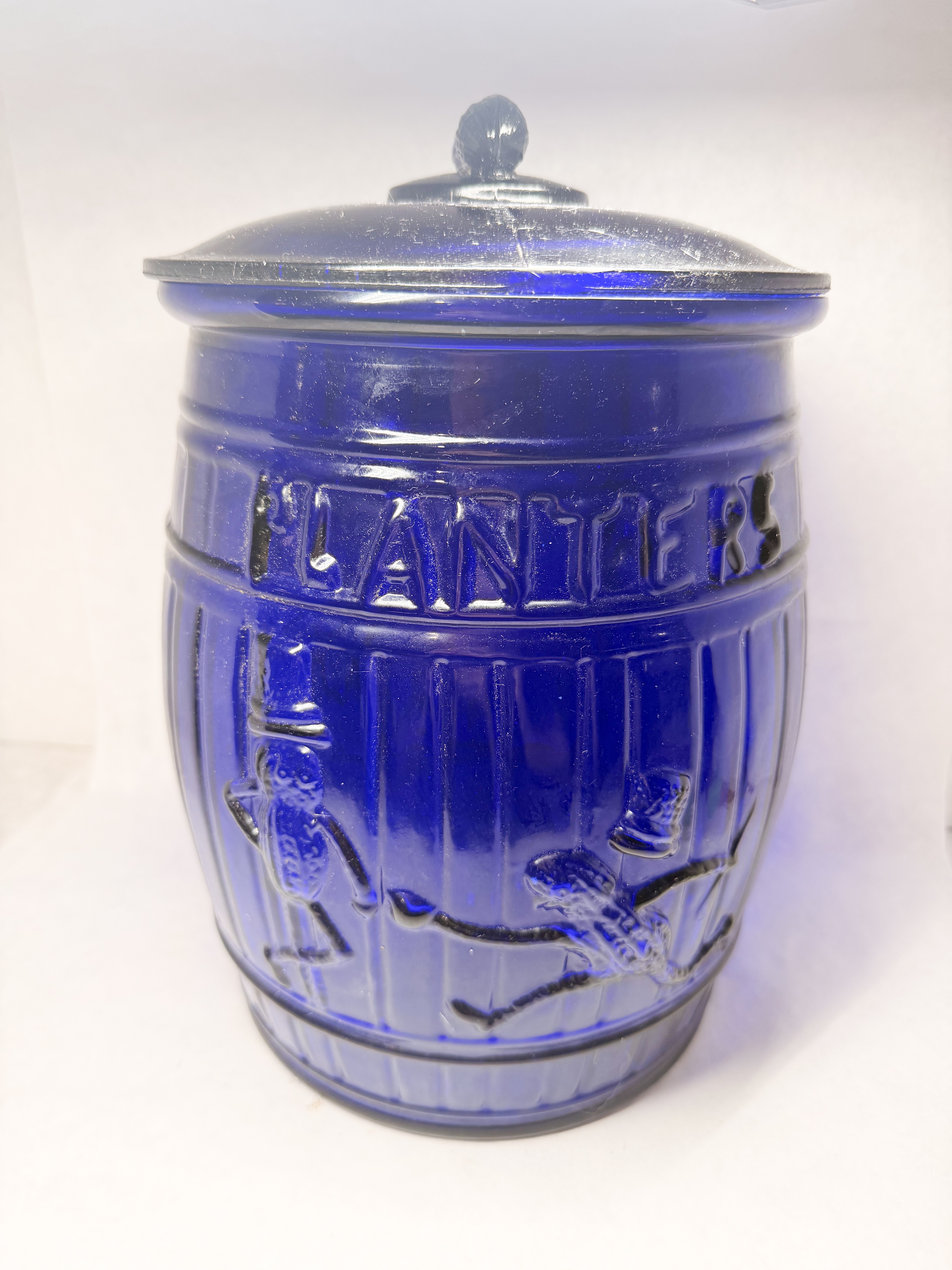 PLANTERS COBALT BLUE GLASS BARREL JAR