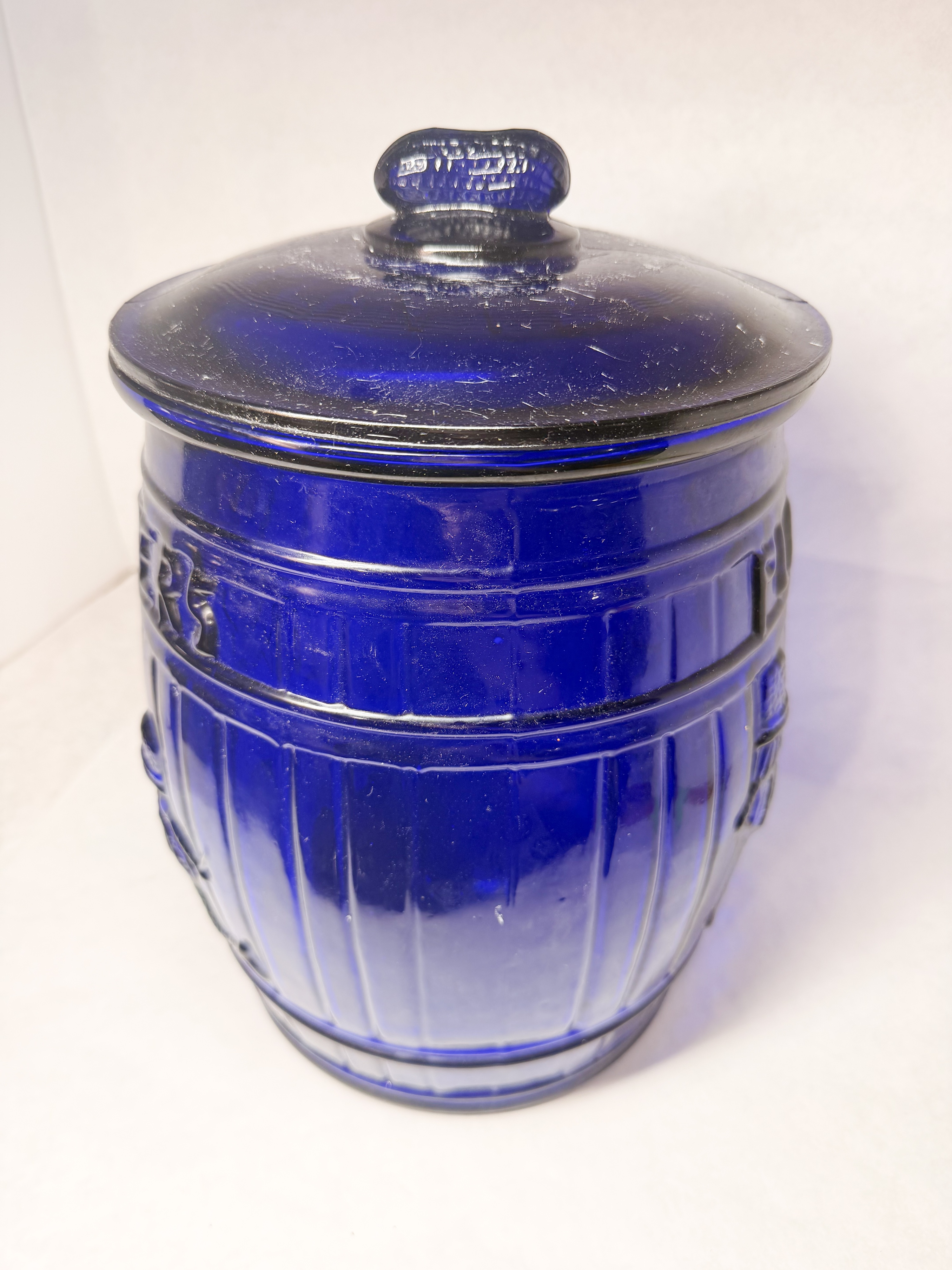 PLANTERS COBALT BLUE GLASS BARREL JAR
