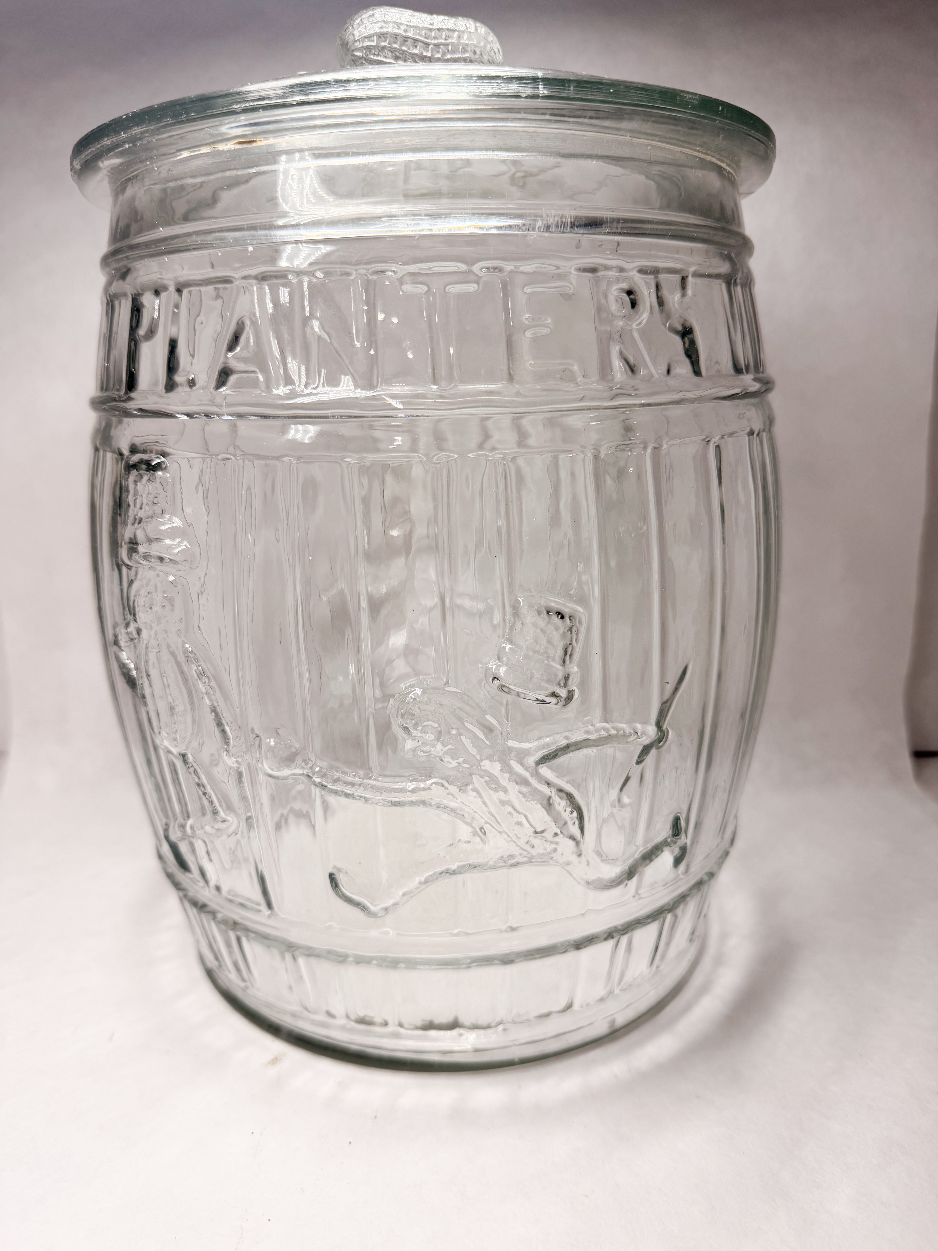 PLANTERS GLASS BARREL JAR, MID-20TH CENTURY