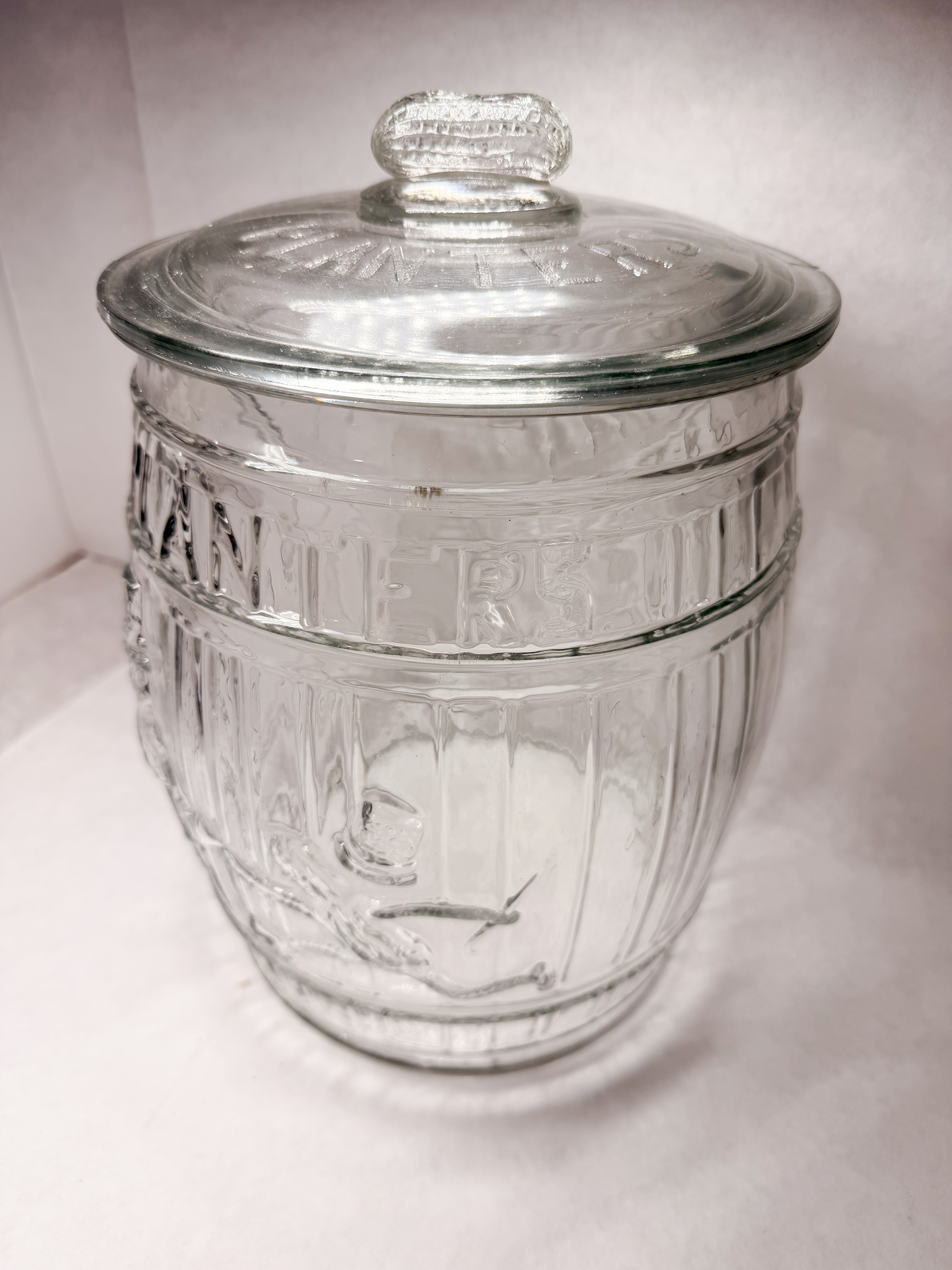 PLANTERS GLASS BARREL JAR, MID-20TH CENTURY
