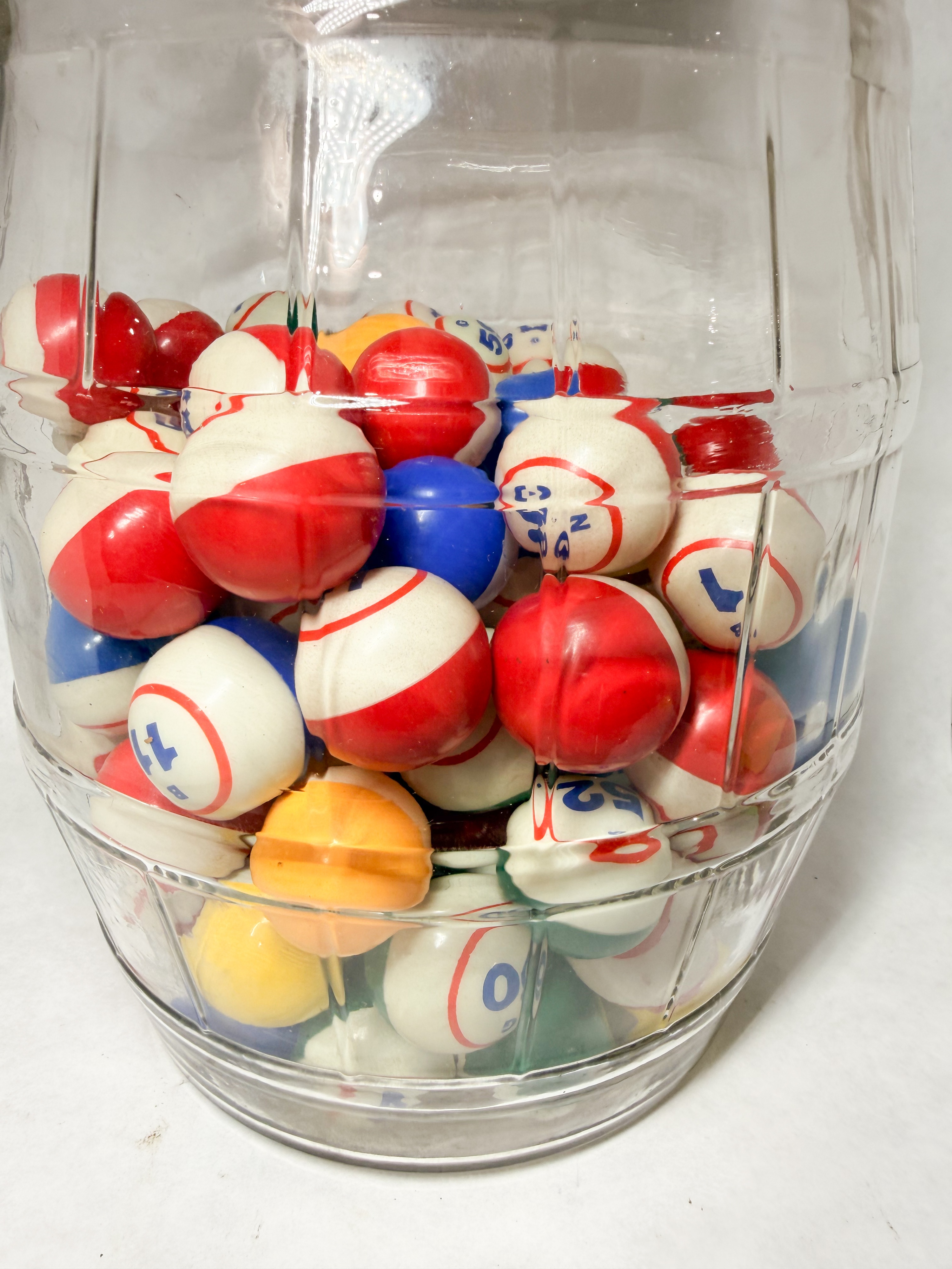 GLASS PICKLE JAR WITH BINGO BALLS