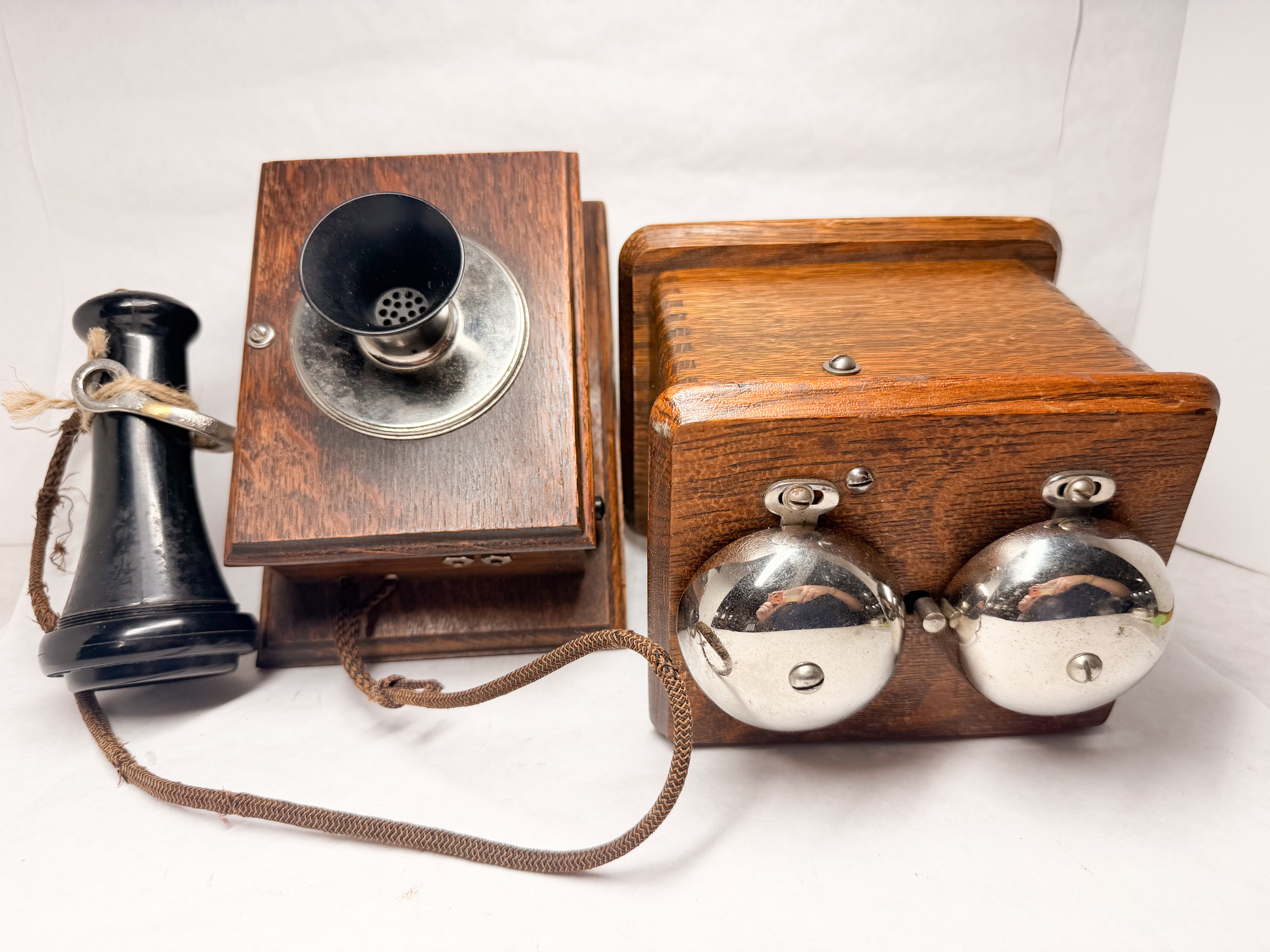 OAK WALL TELEPHONE COMPONENTS, CIRCA 1900