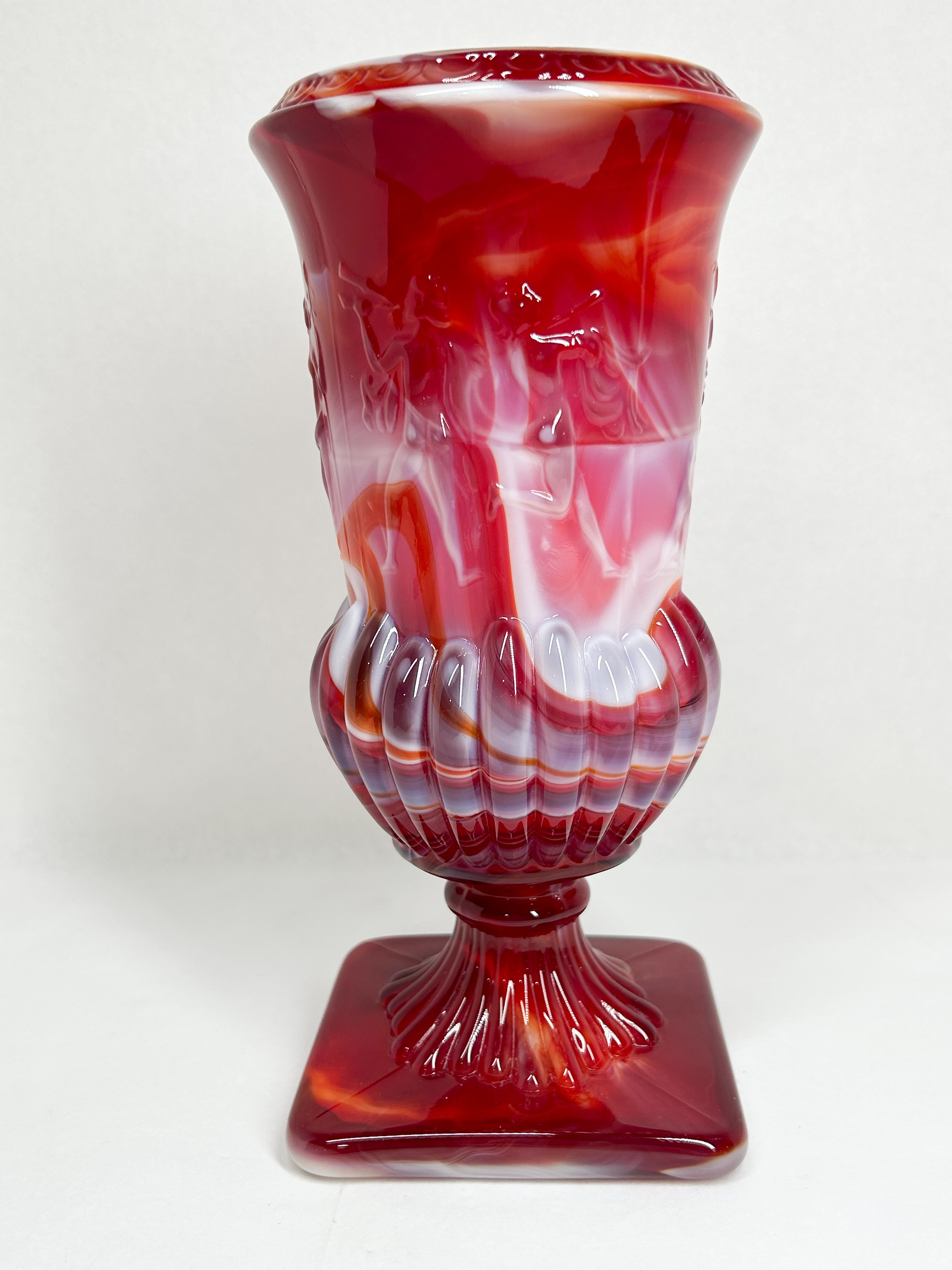 RED AND WHITE SLAG GLASS URN VASE