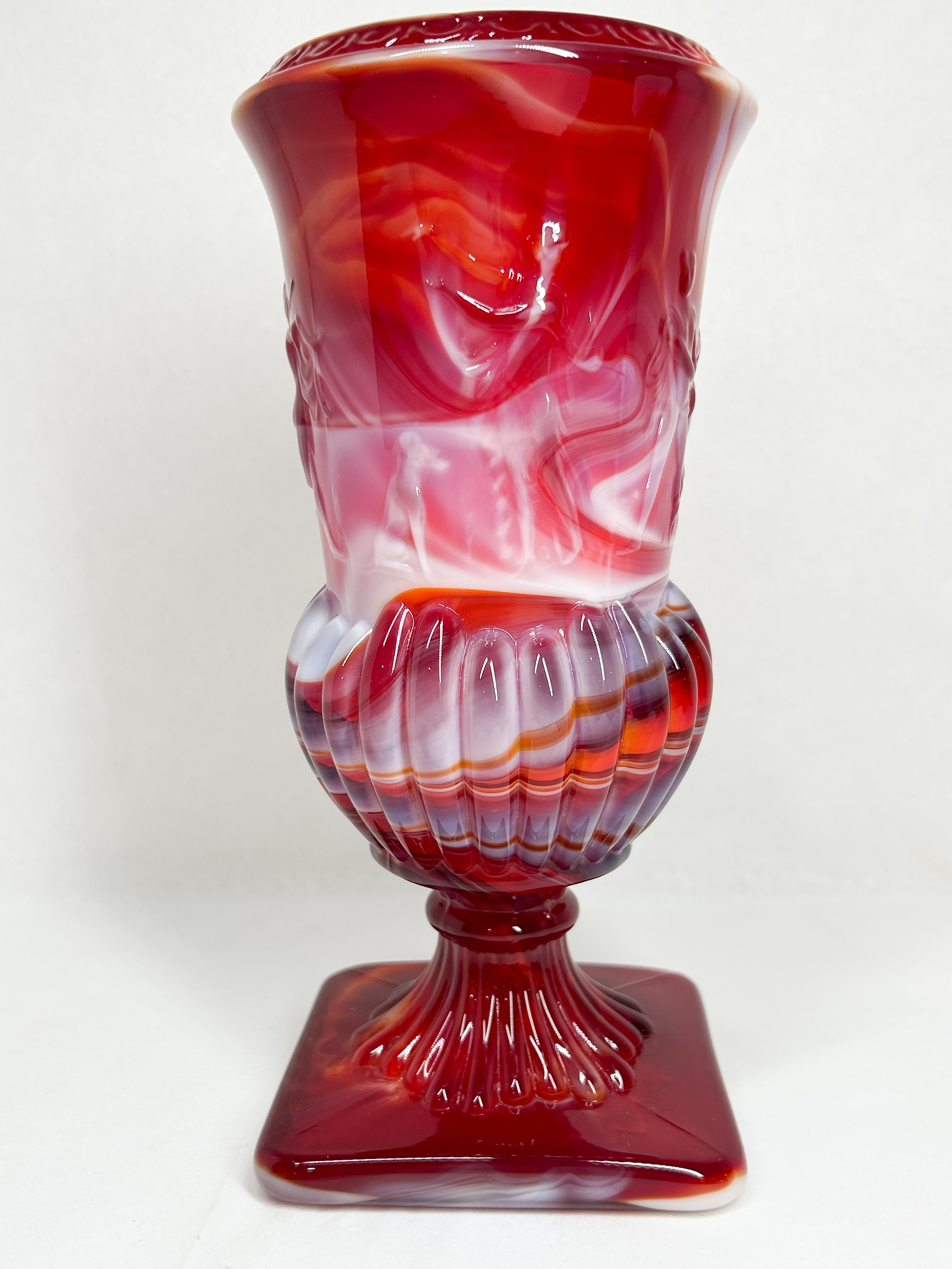 RED AND WHITE SLAG GLASS URN VASE