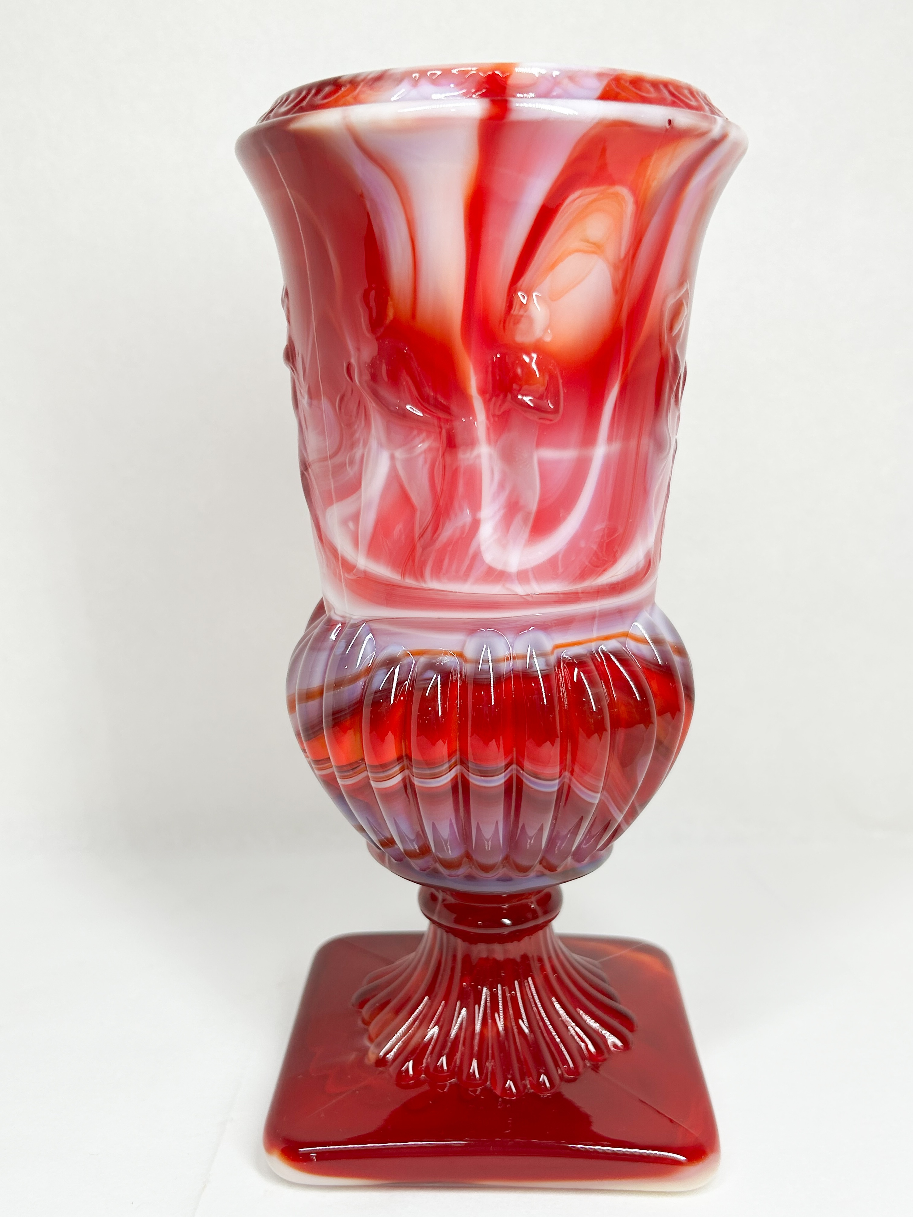 RED AND WHITE SLAG GLASS URN VASE