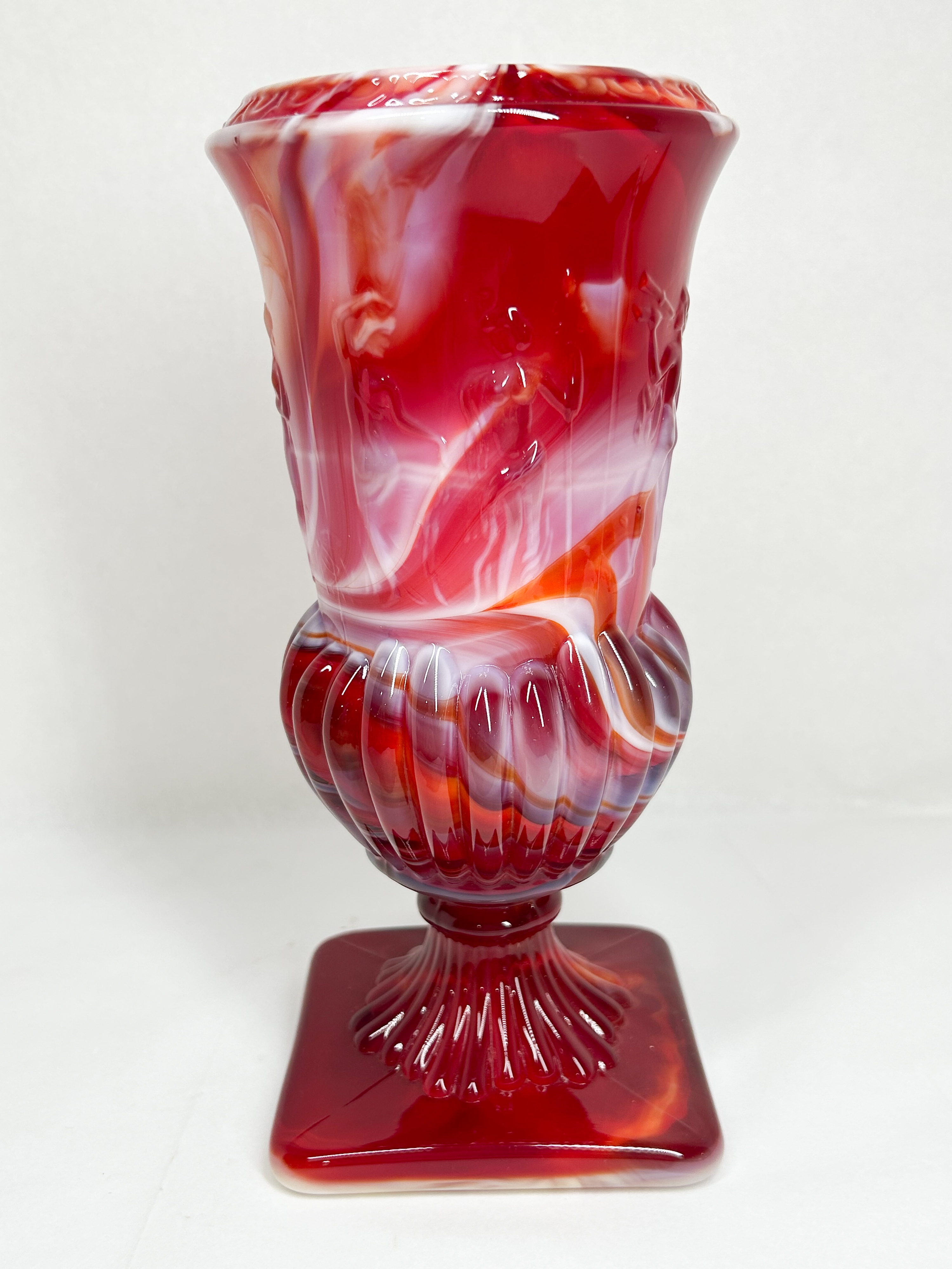 RED AND WHITE SLAG GLASS URN VASE