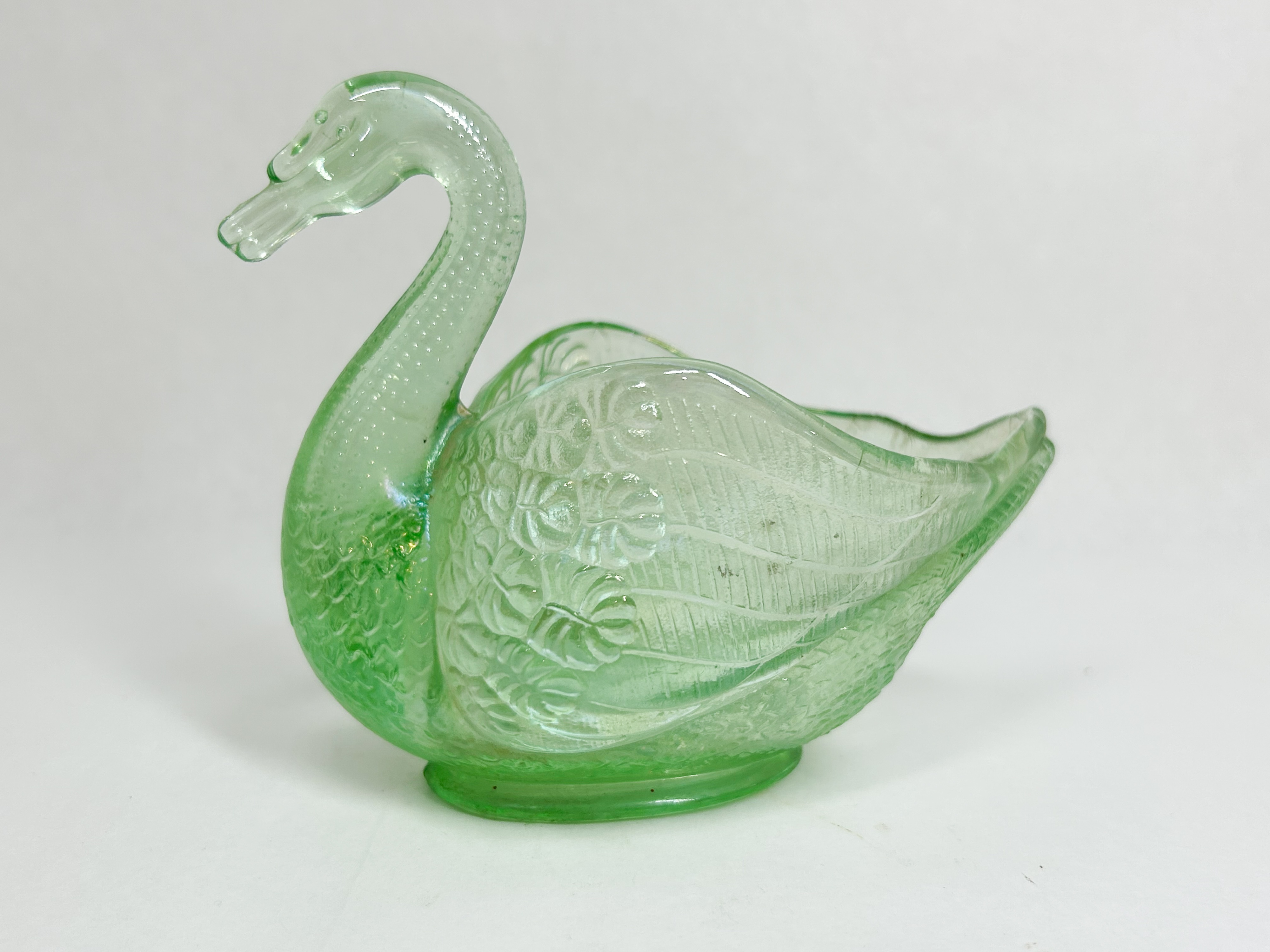 GREEN PRESSED GLASS SWAN DISH