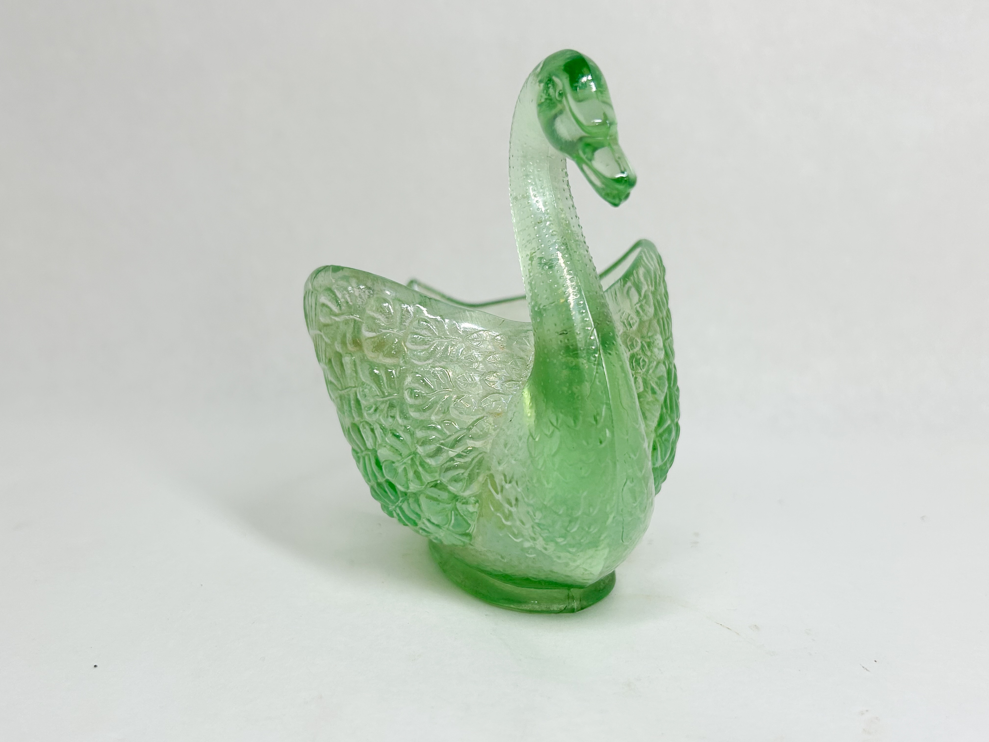GREEN PRESSED GLASS SWAN DISH