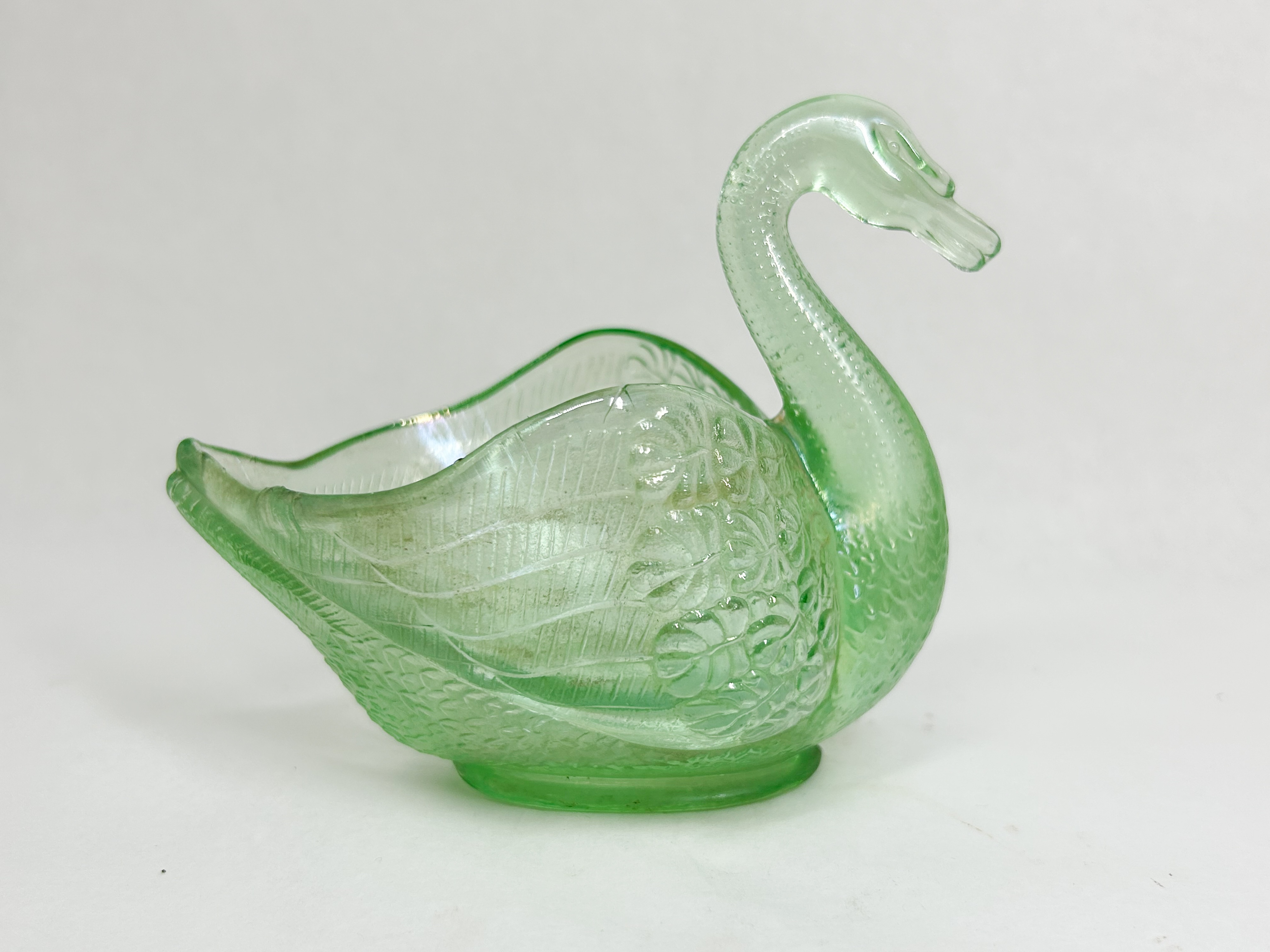 GREEN PRESSED GLASS SWAN DISH
