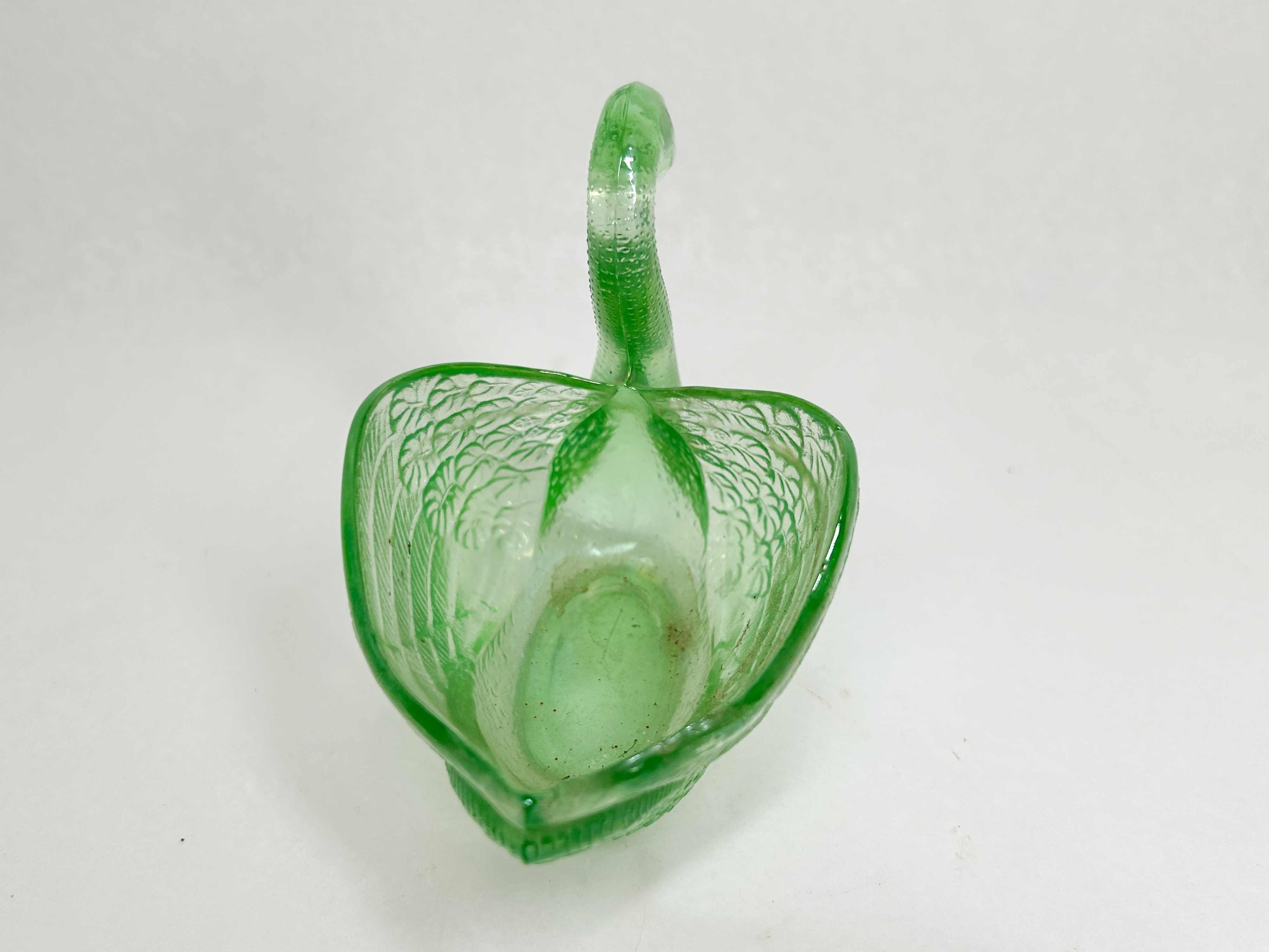 GREEN PRESSED GLASS SWAN DISH