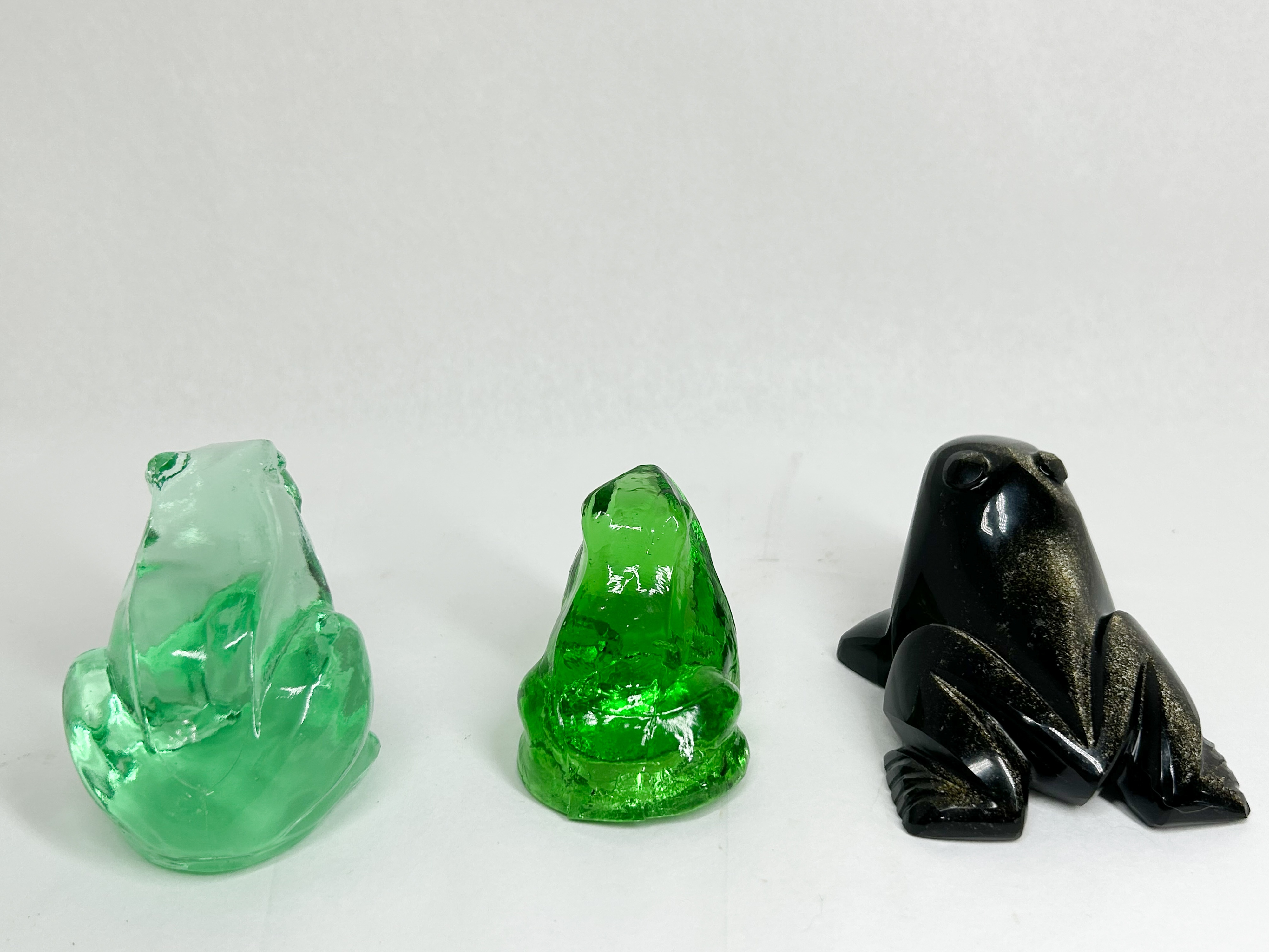 THREE GLASS AND STONE FROG FIGURINES