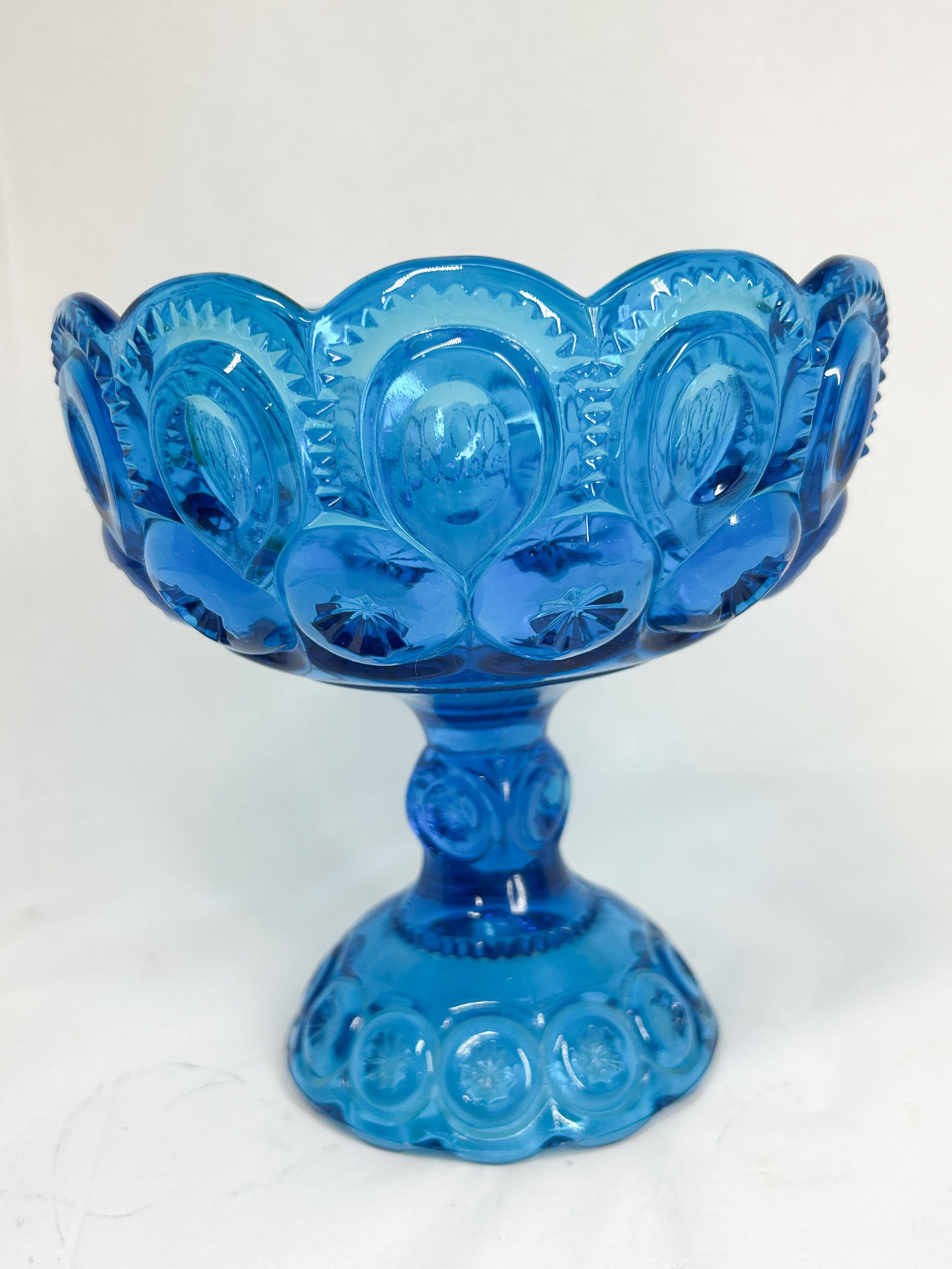 MOON AND STAR BLUE GLASS COMPOTE