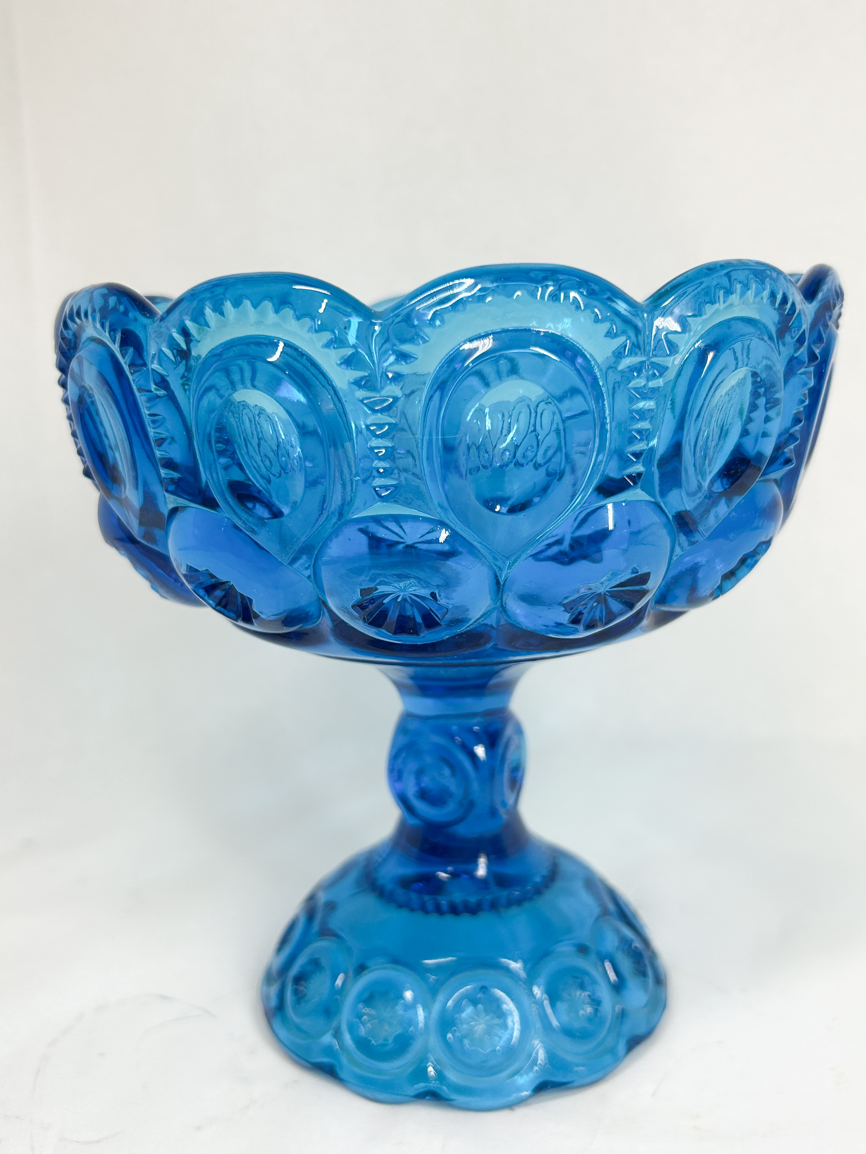 MOON AND STAR BLUE GLASS COMPOTE
