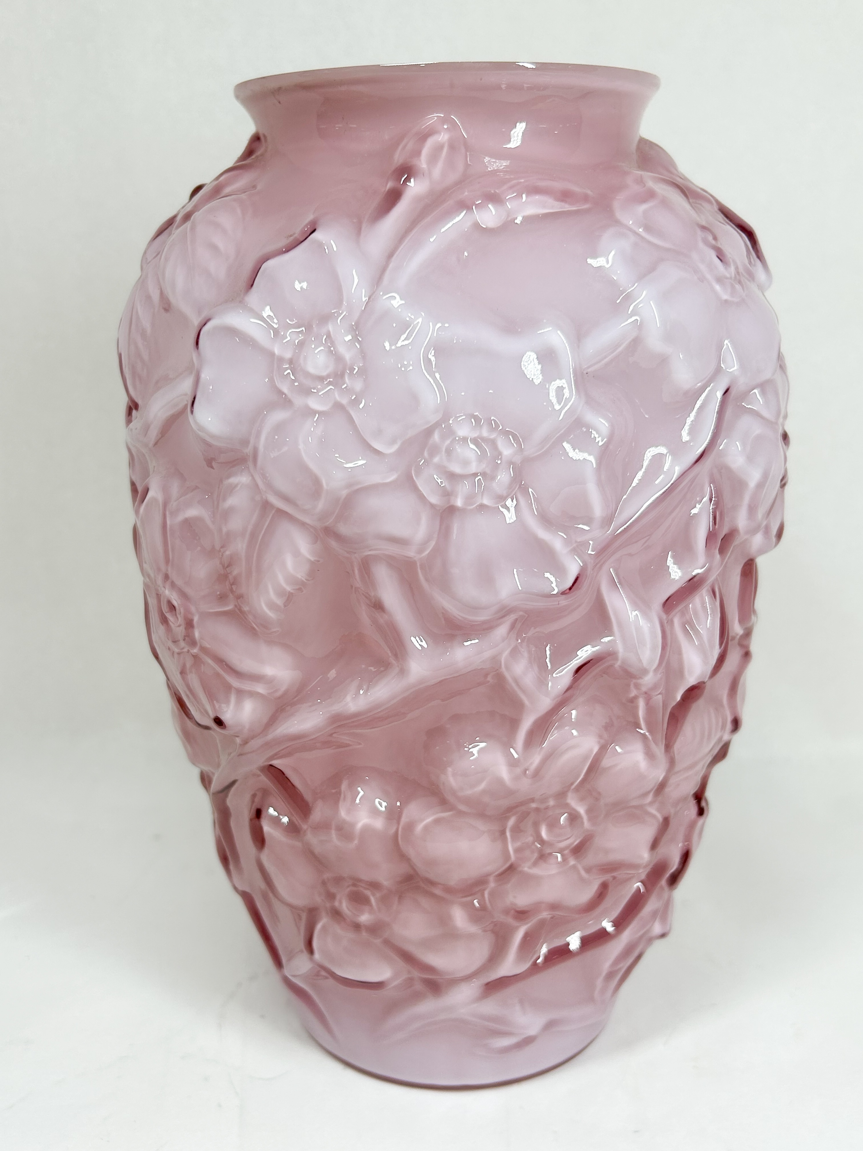 CASED PINK GLASS DOGWOOD VASE