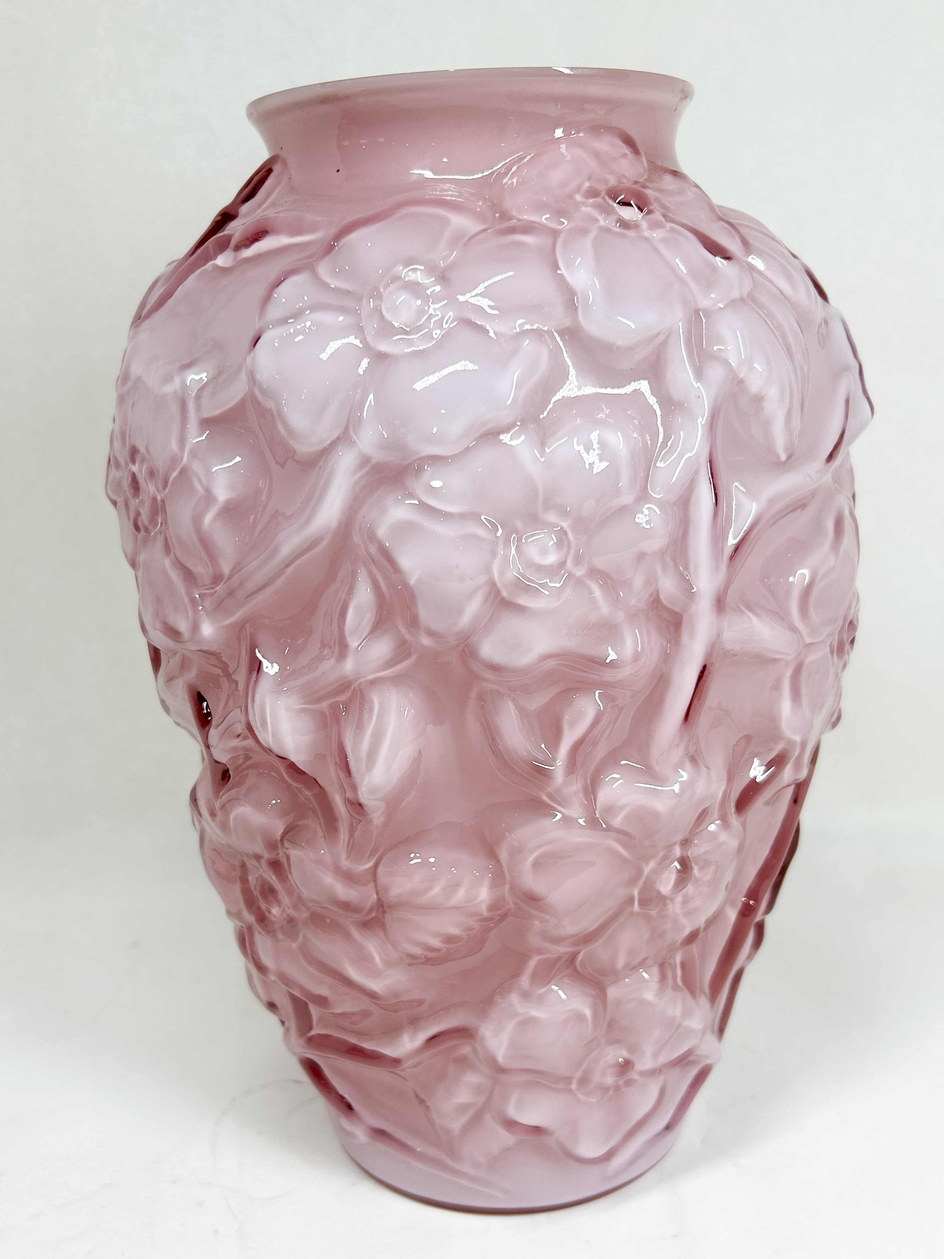 CASED PINK GLASS DOGWOOD VASE
