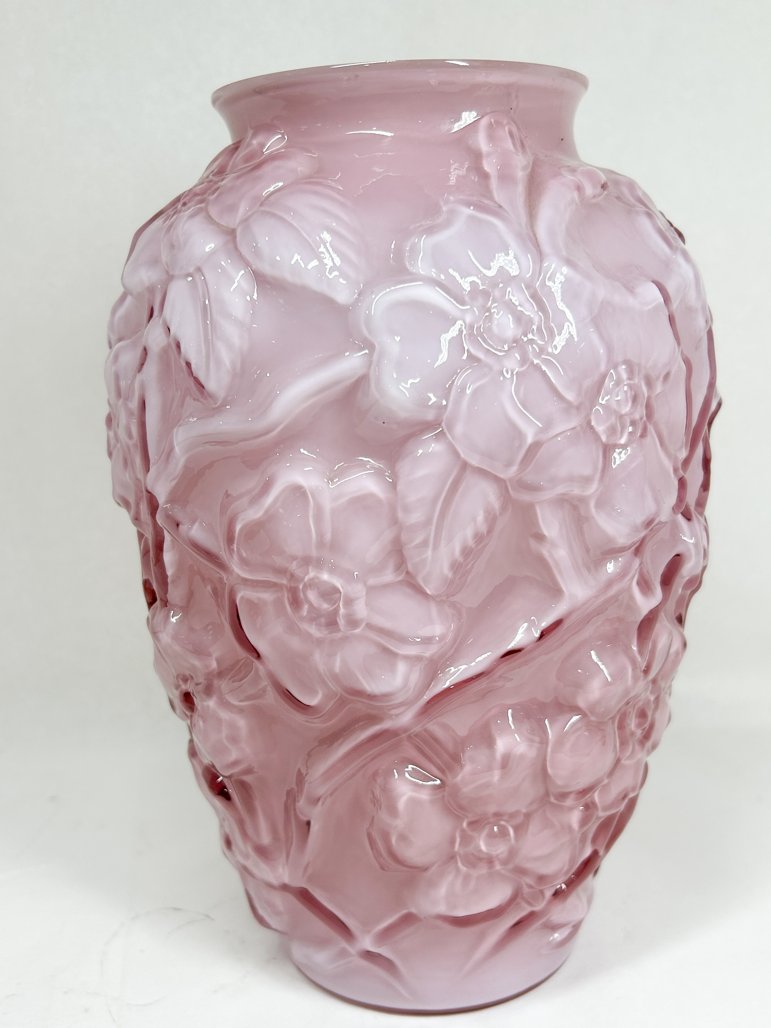 CASED PINK GLASS DOGWOOD VASE