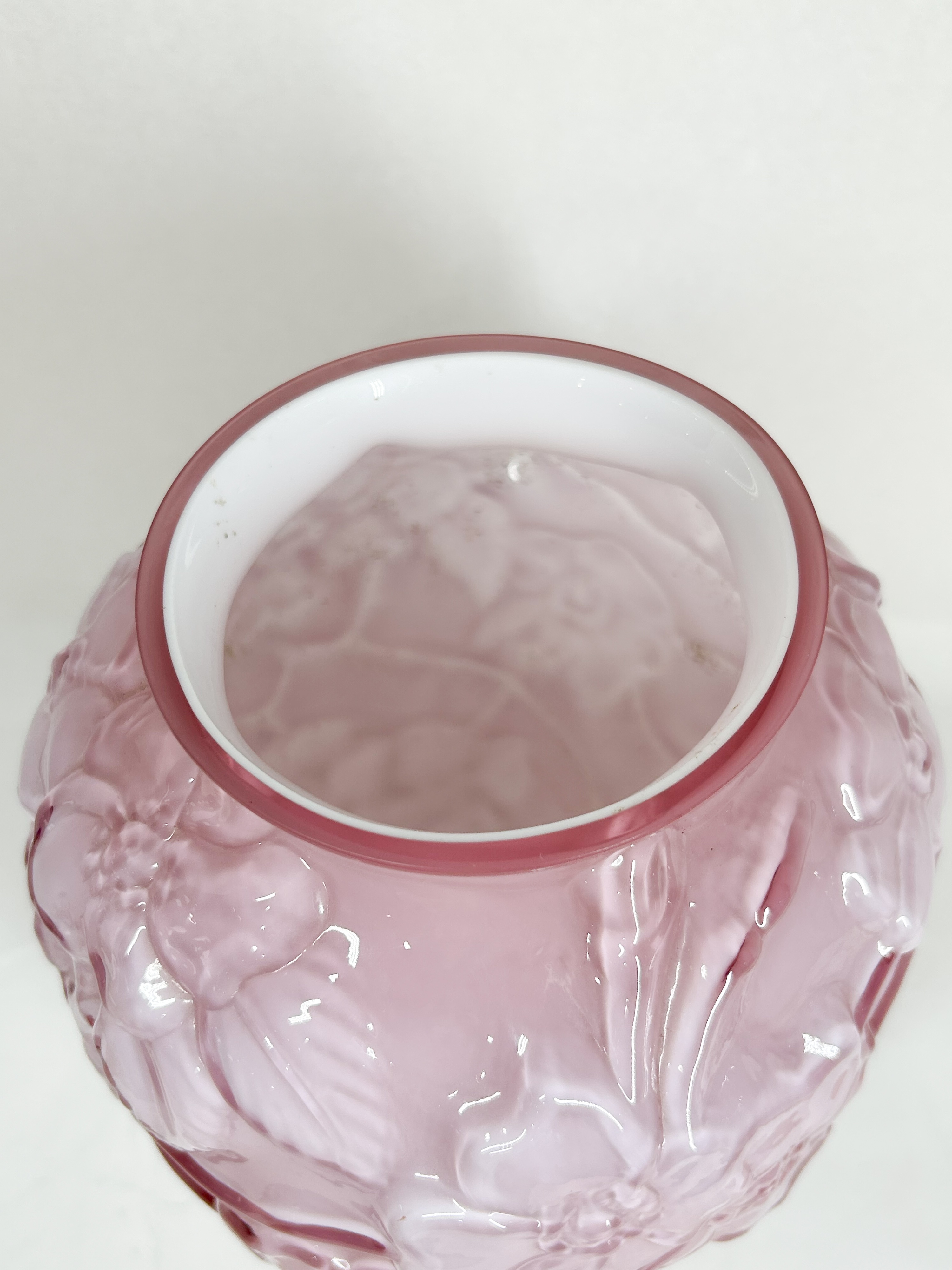 CASED PINK GLASS DOGWOOD VASE