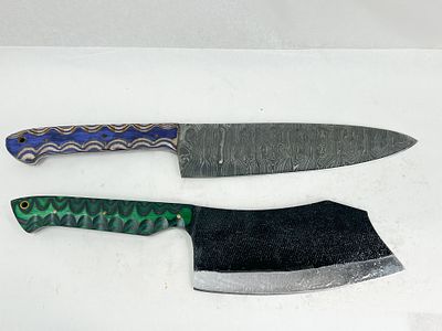 TWO CUSTOM DAMASCUS AND TOOL STEEL KNIVES. Two handmade fixed-blade knives including a chef's 