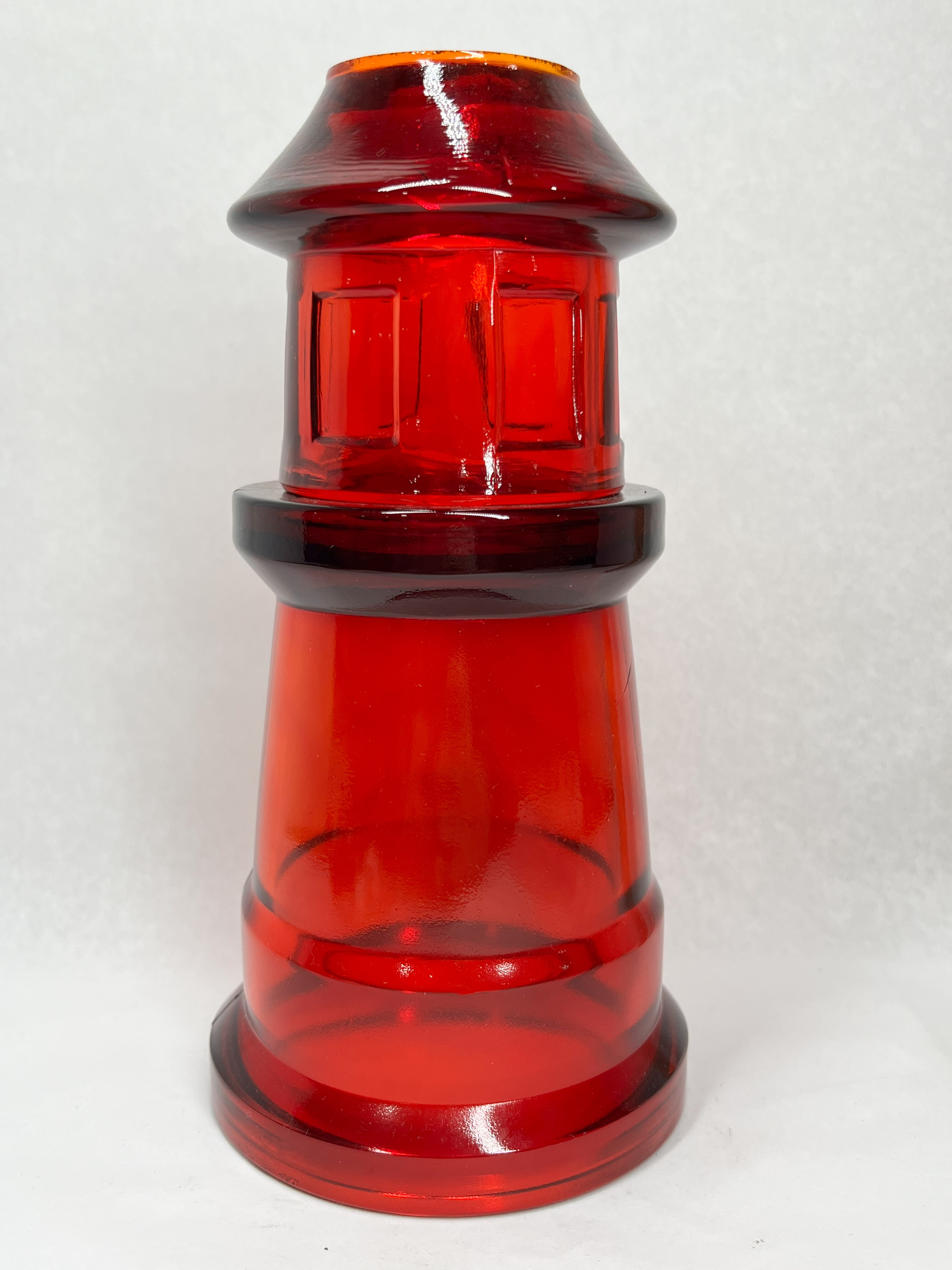 PRESSED RUBY RED GLASS LIGHTHOUSE BOTTLE