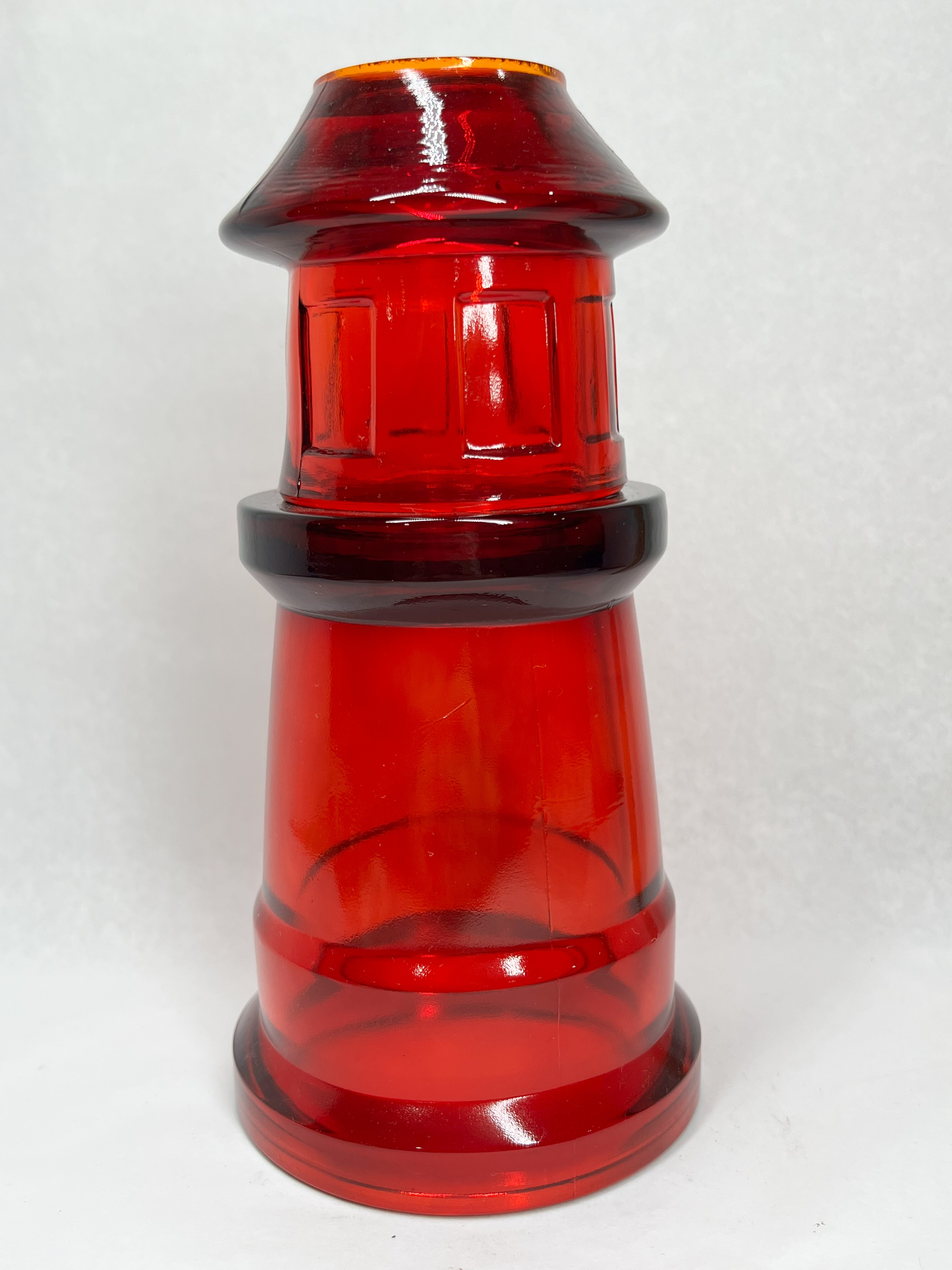 PRESSED RUBY RED GLASS LIGHTHOUSE BOTTLE
