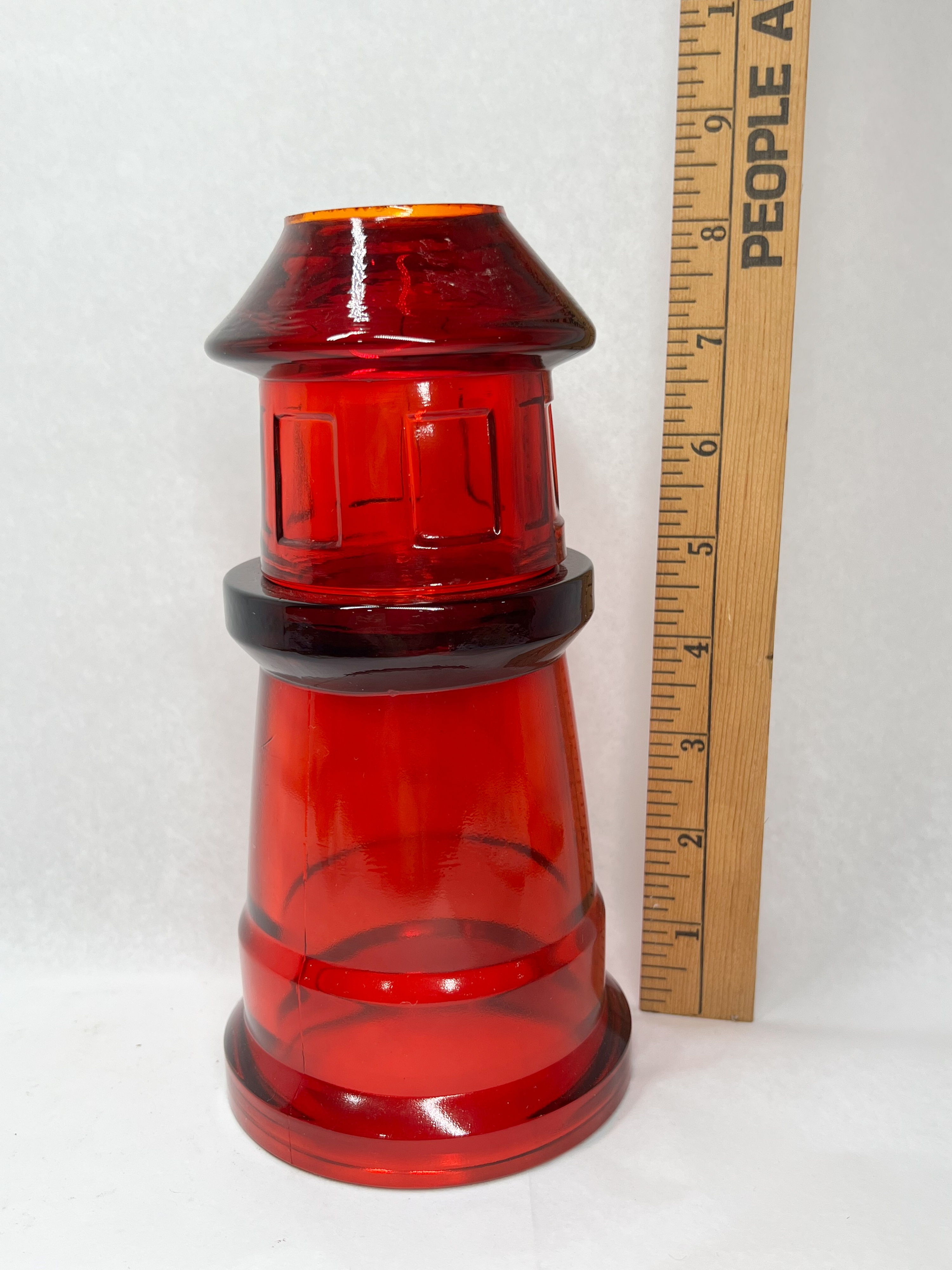 PRESSED RUBY RED GLASS LIGHTHOUSE BOTTLE