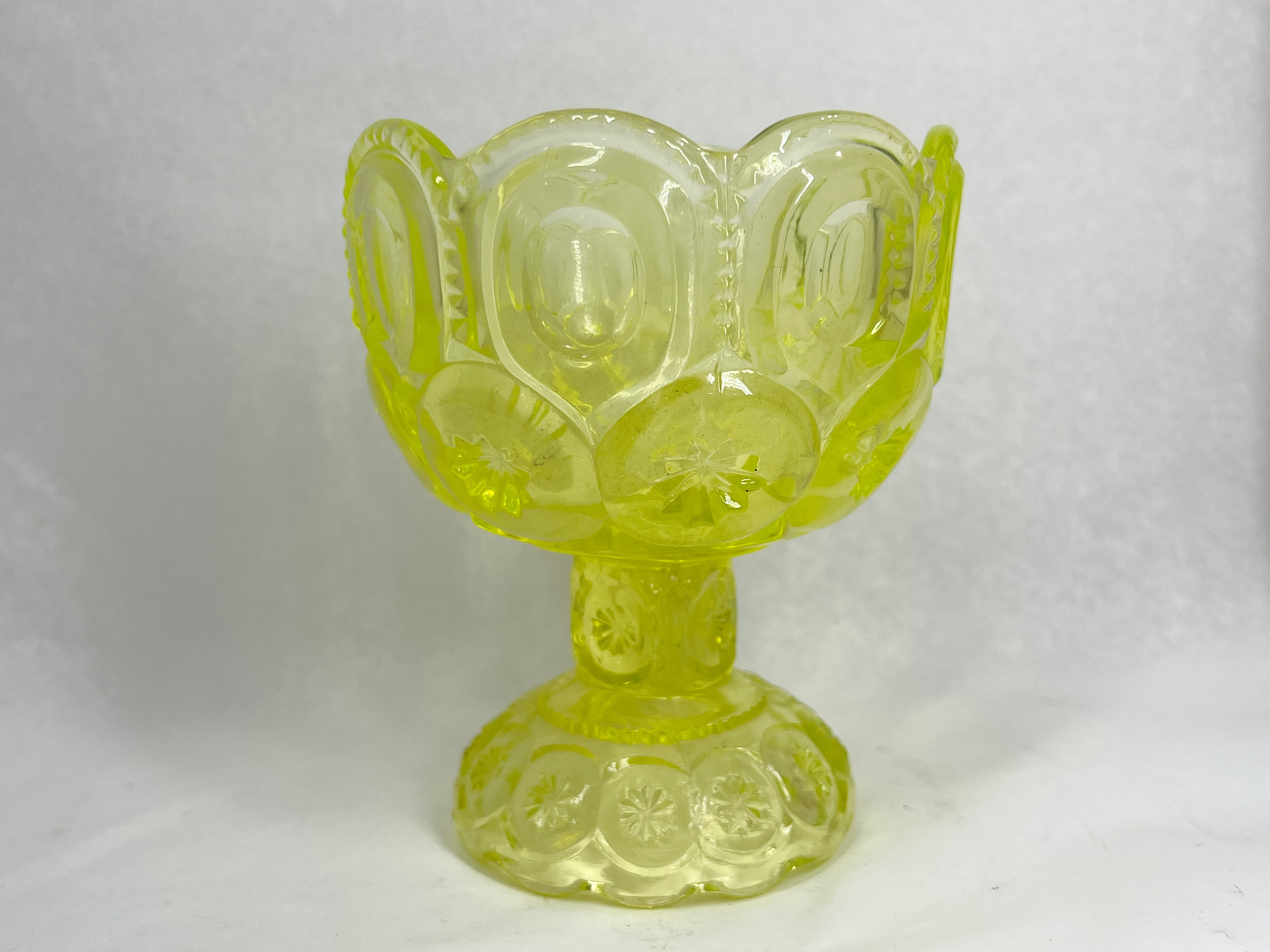 MOON AND STAR VASELINE GLASS COMPOTE