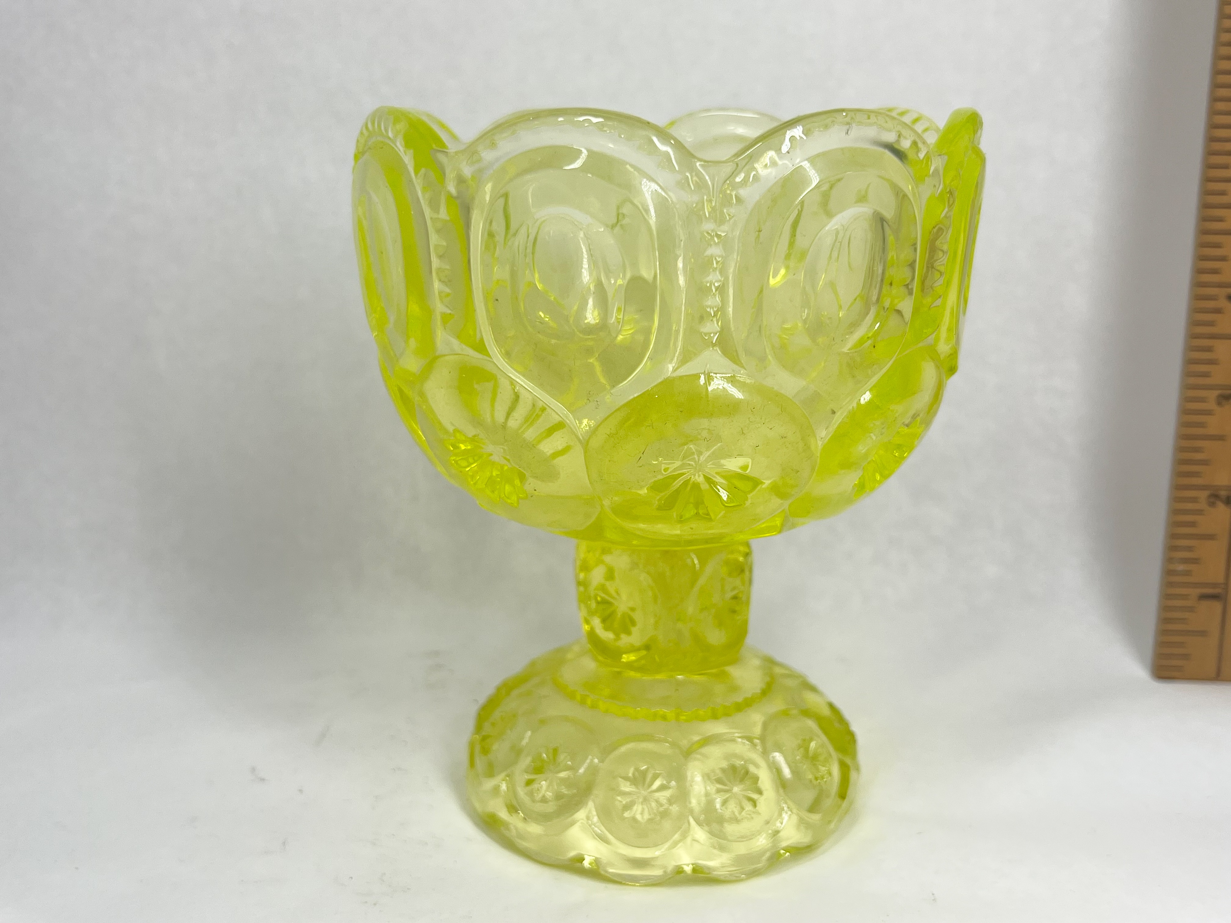 MOON AND STAR VASELINE GLASS COMPOTE