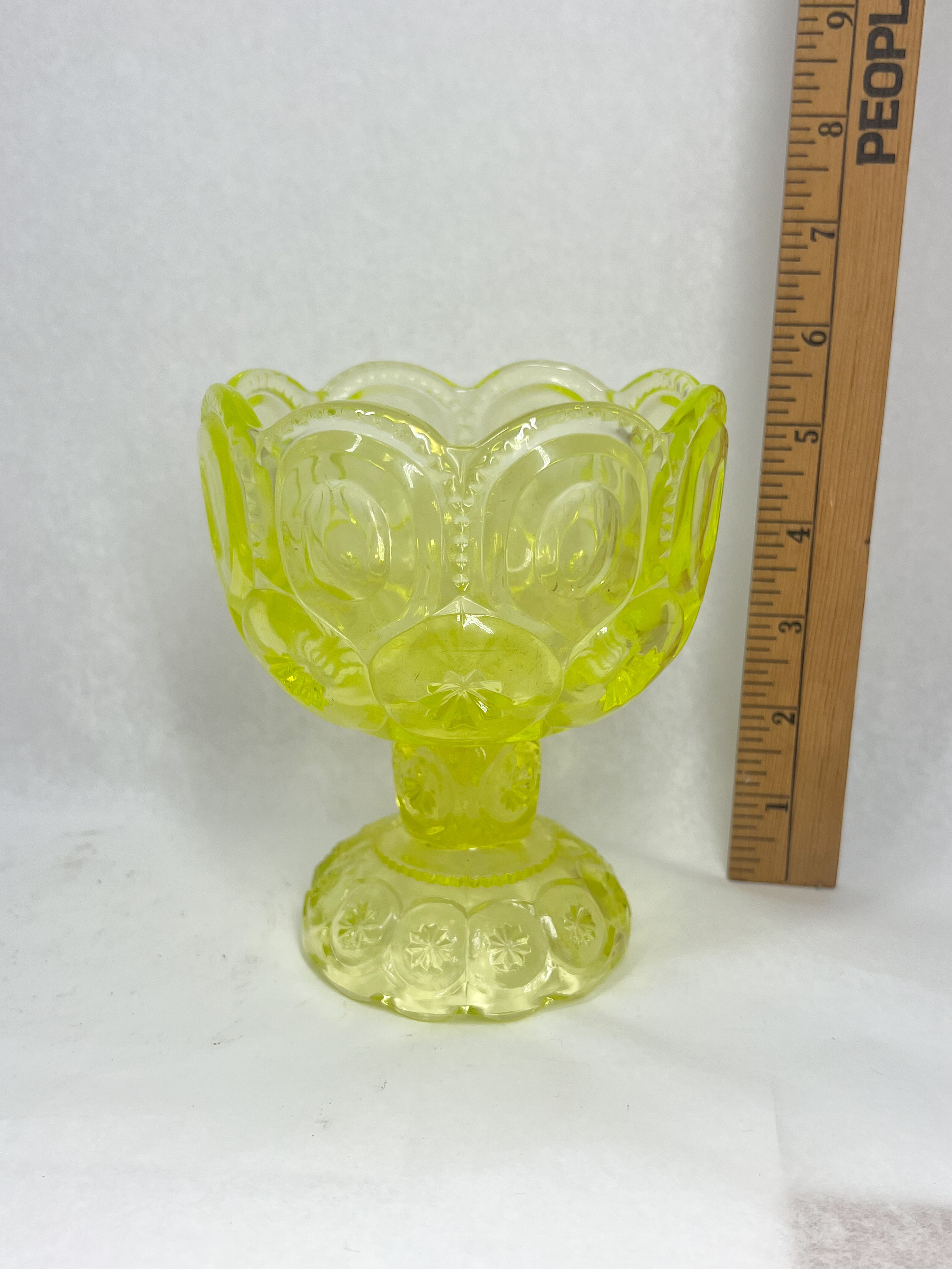 MOON AND STAR VASELINE GLASS COMPOTE