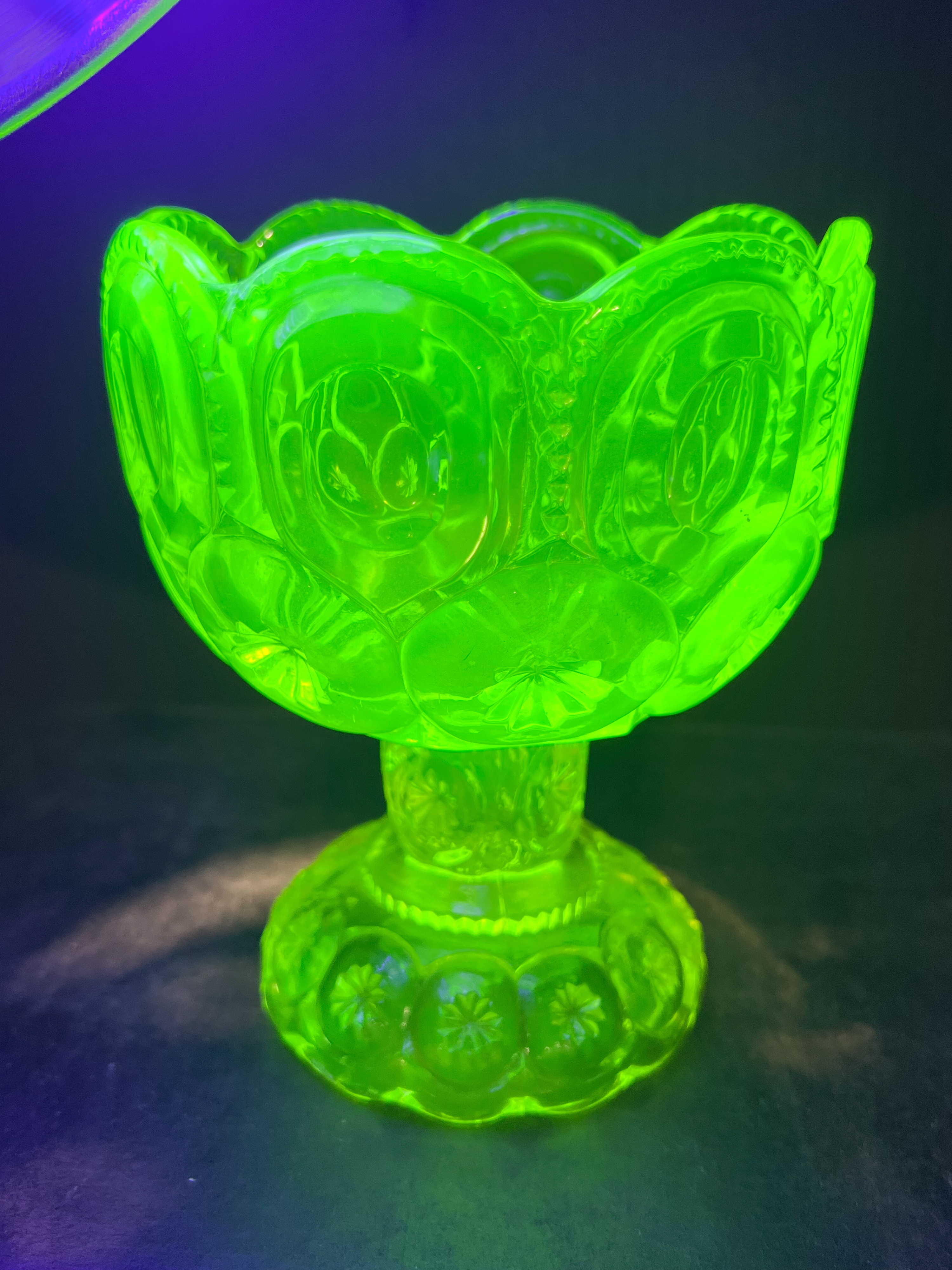 MOON AND STAR VASELINE GLASS COMPOTE