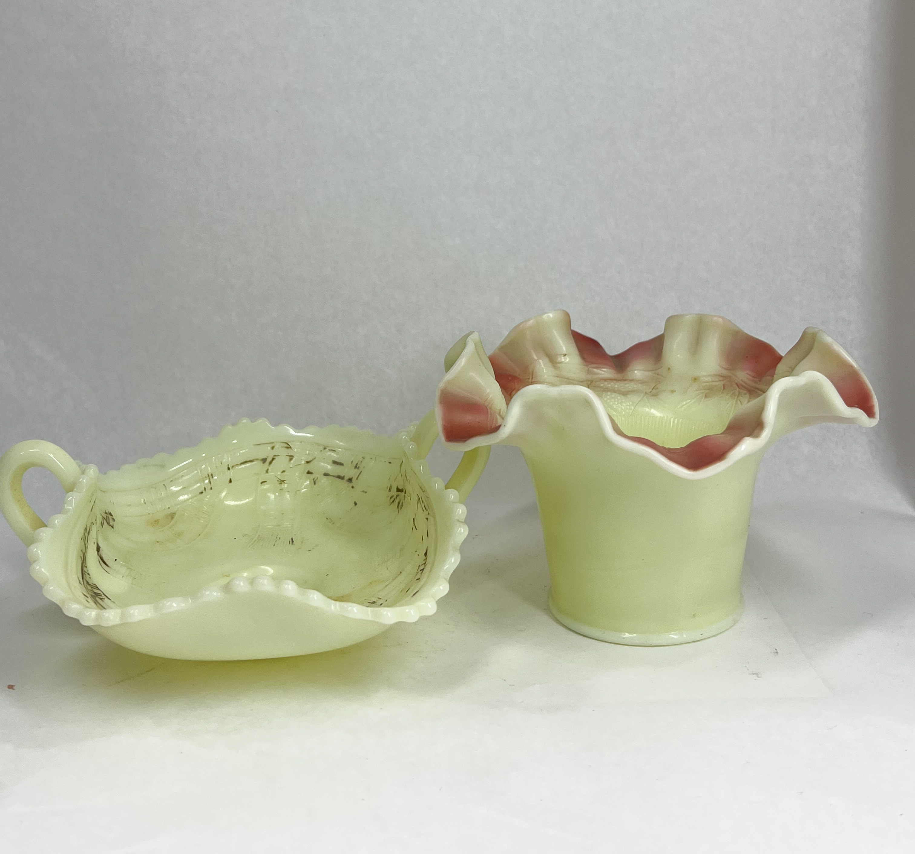 TWO PIECES CUSTARD URANIUM ART GLASS