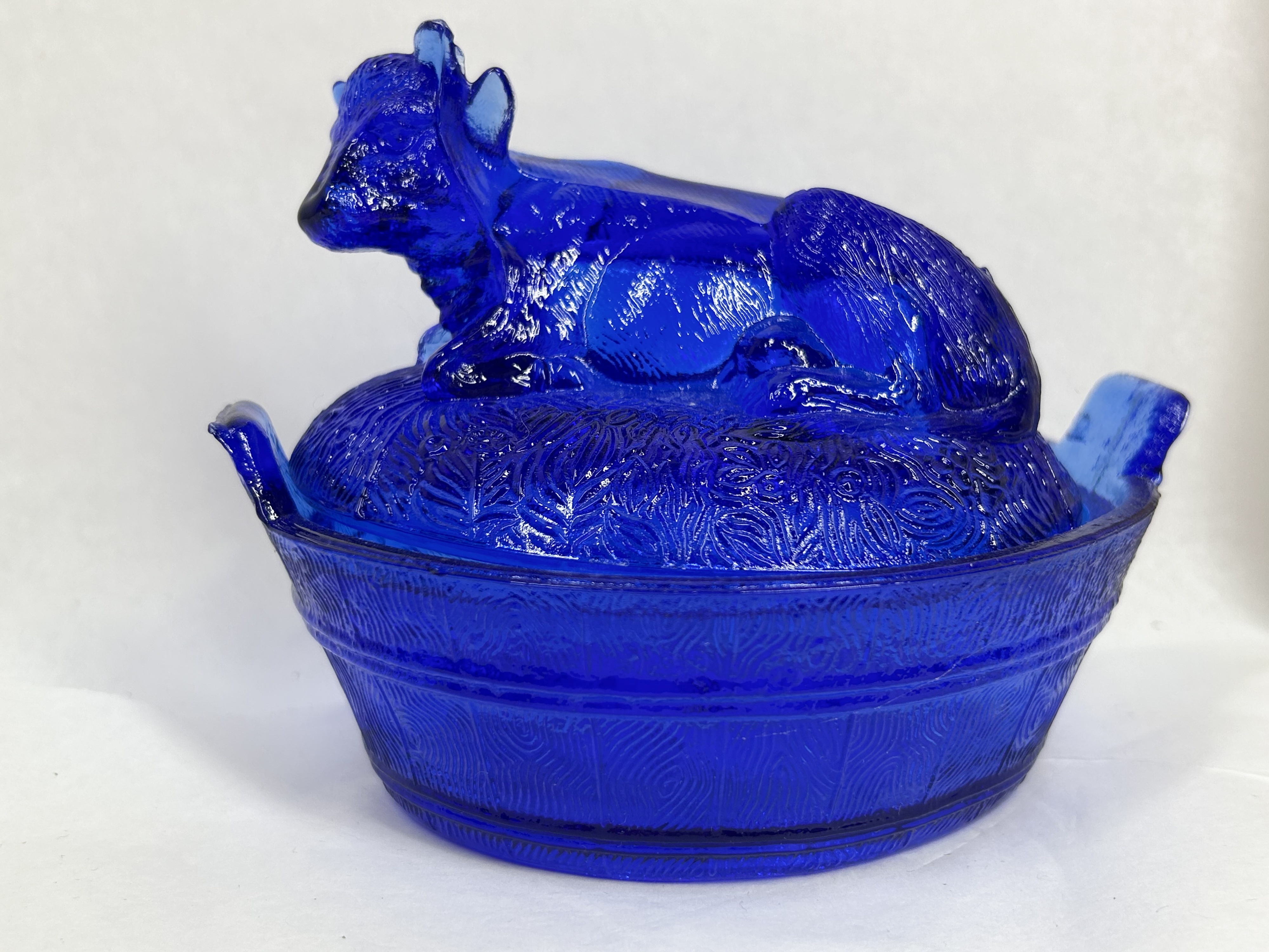 COBALT BLUE PRESSED GLASS COW DISH