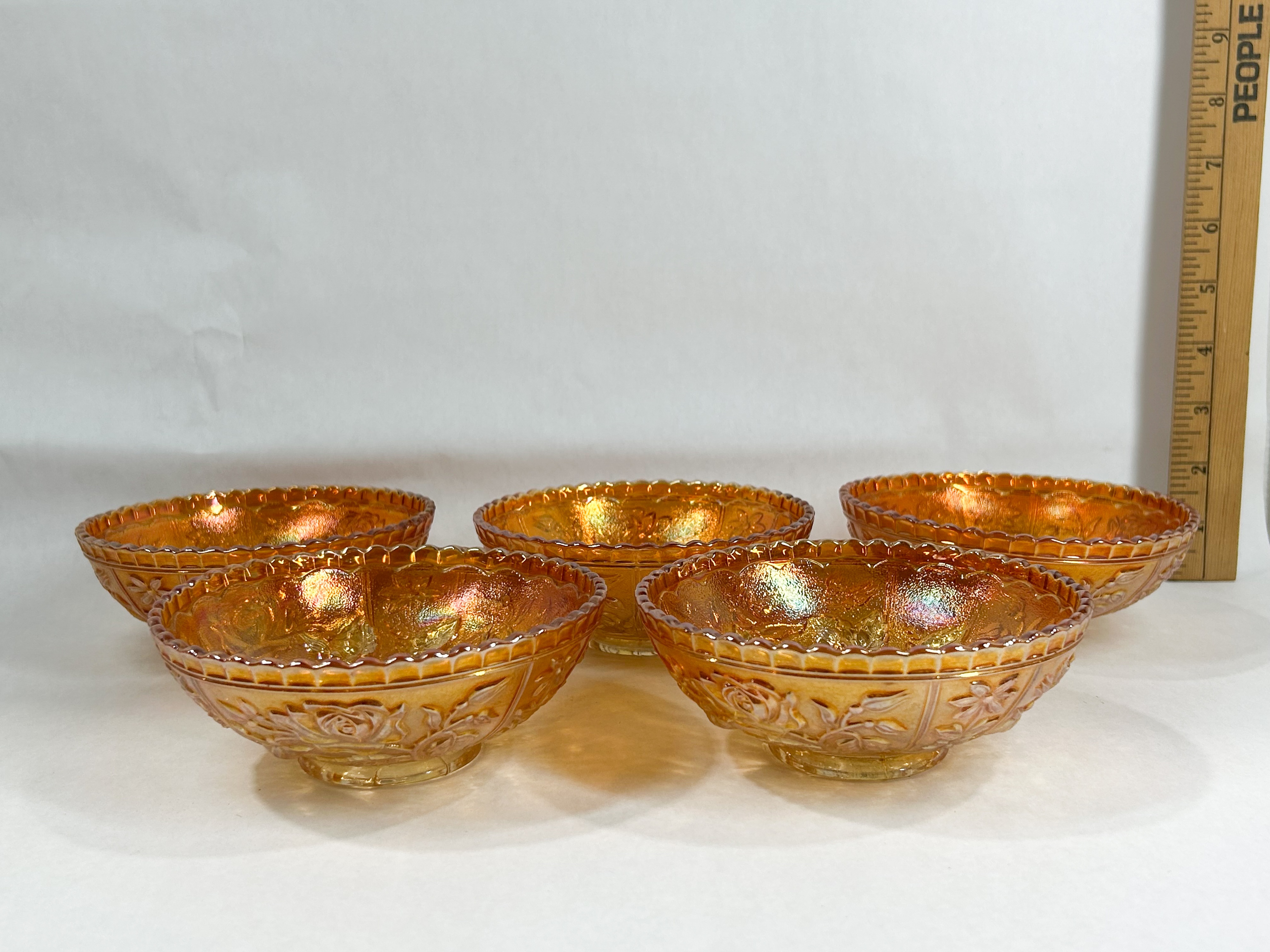 SET OF FIVE MARIGOLD CARNIVAL GLASS BOWLS