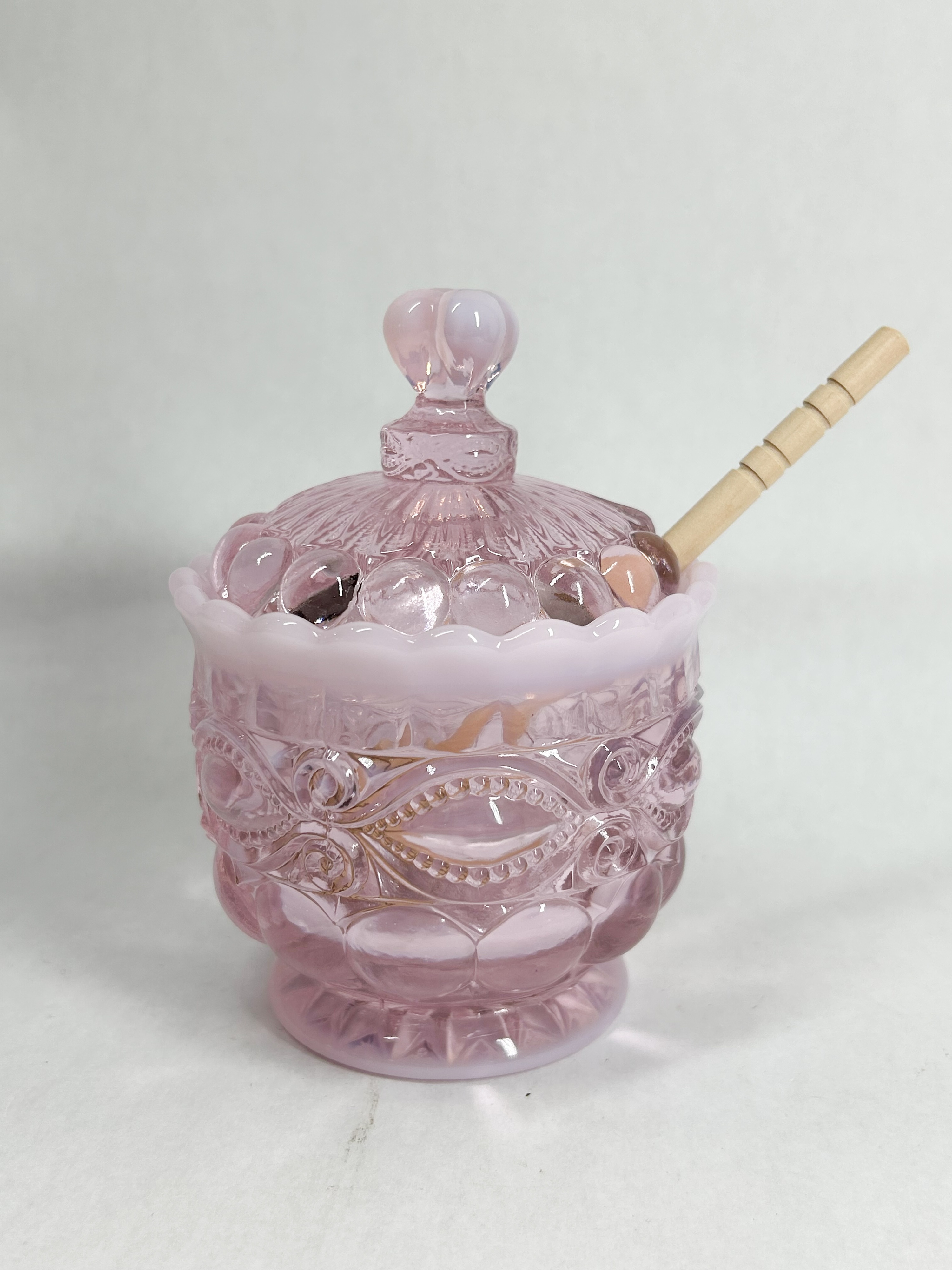 MOSSER PINK OPALESCENT GLASS HONEY JAR