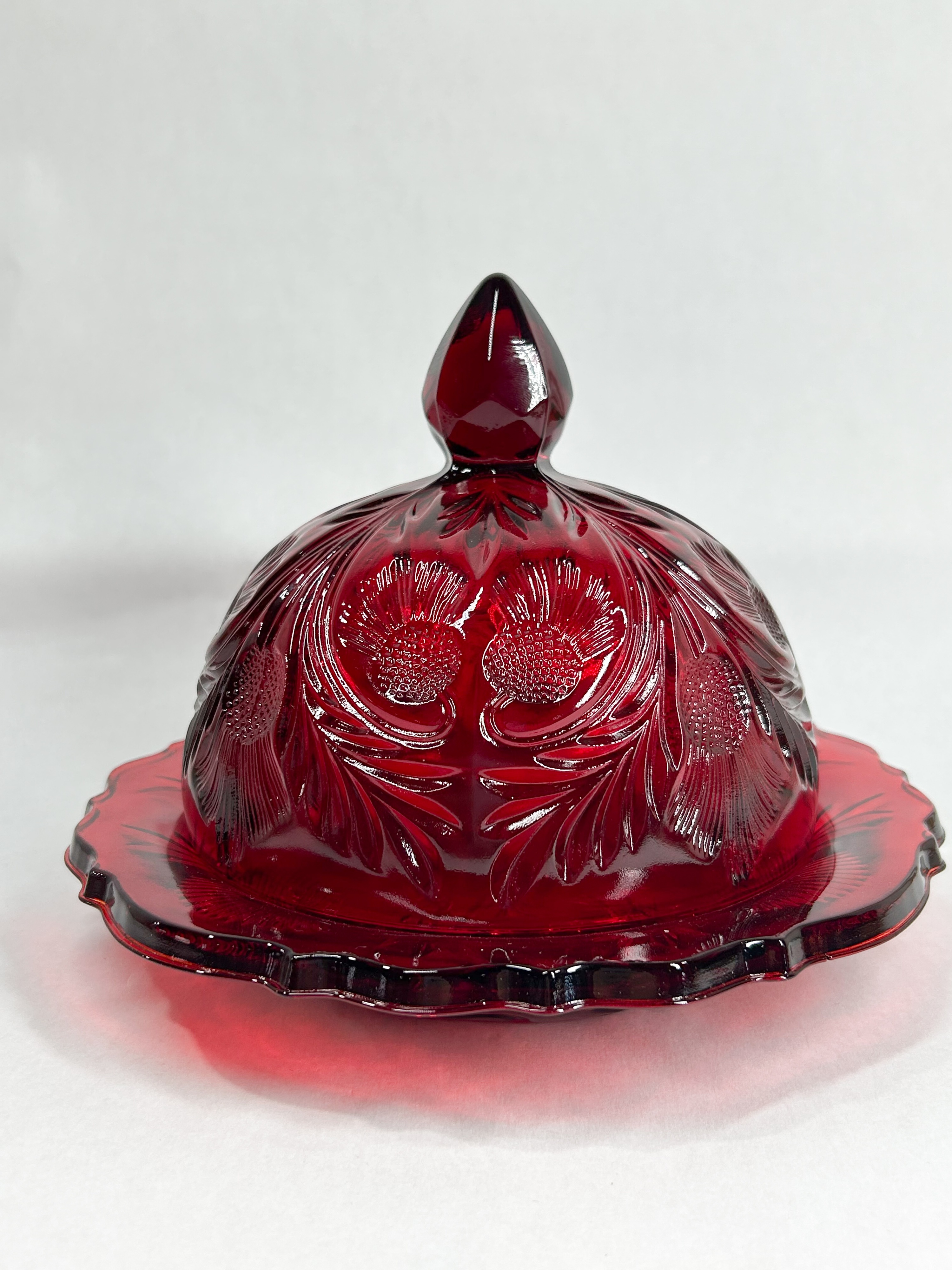 MOSSER THISTLE PATTERN RUBY GLASS BUTTER DISH